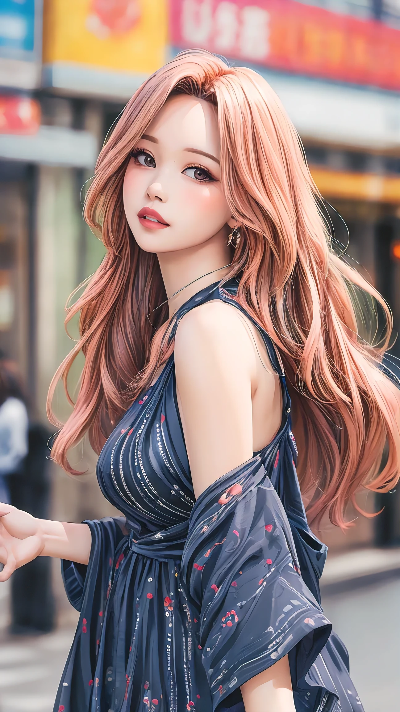 (best quality, masterpiece, photorealistic:1.3), wavy hair, printed sexy minidress, big city