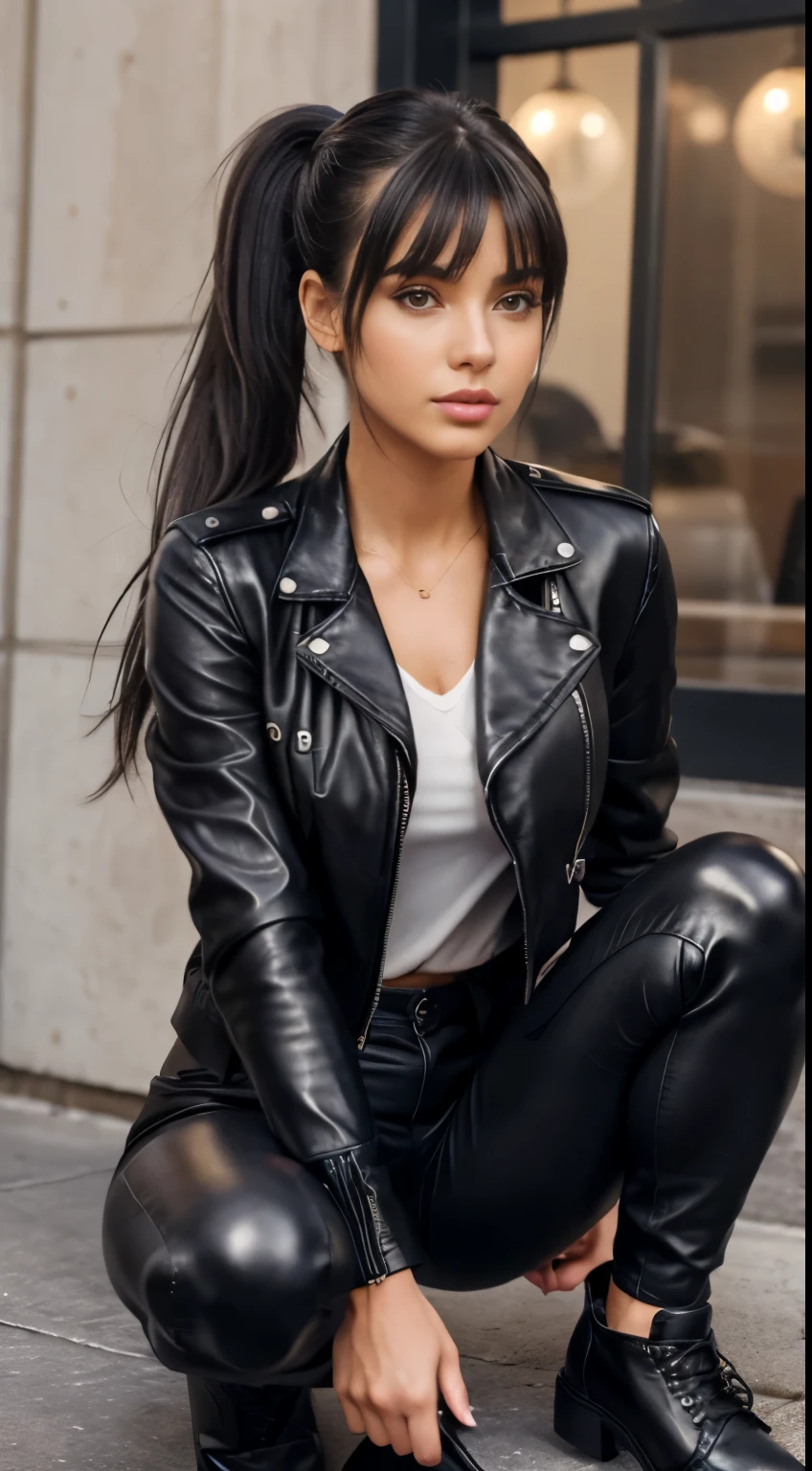 Realism, a 25 - year - old girl, dark hair, a ponytail on her head, bangs falling, face, beautiful hairstyle, light makeup, dressed in a leather jacket, dressed in leather pant, beautiful shoes --ar 2:3 50 --style raw --s 2