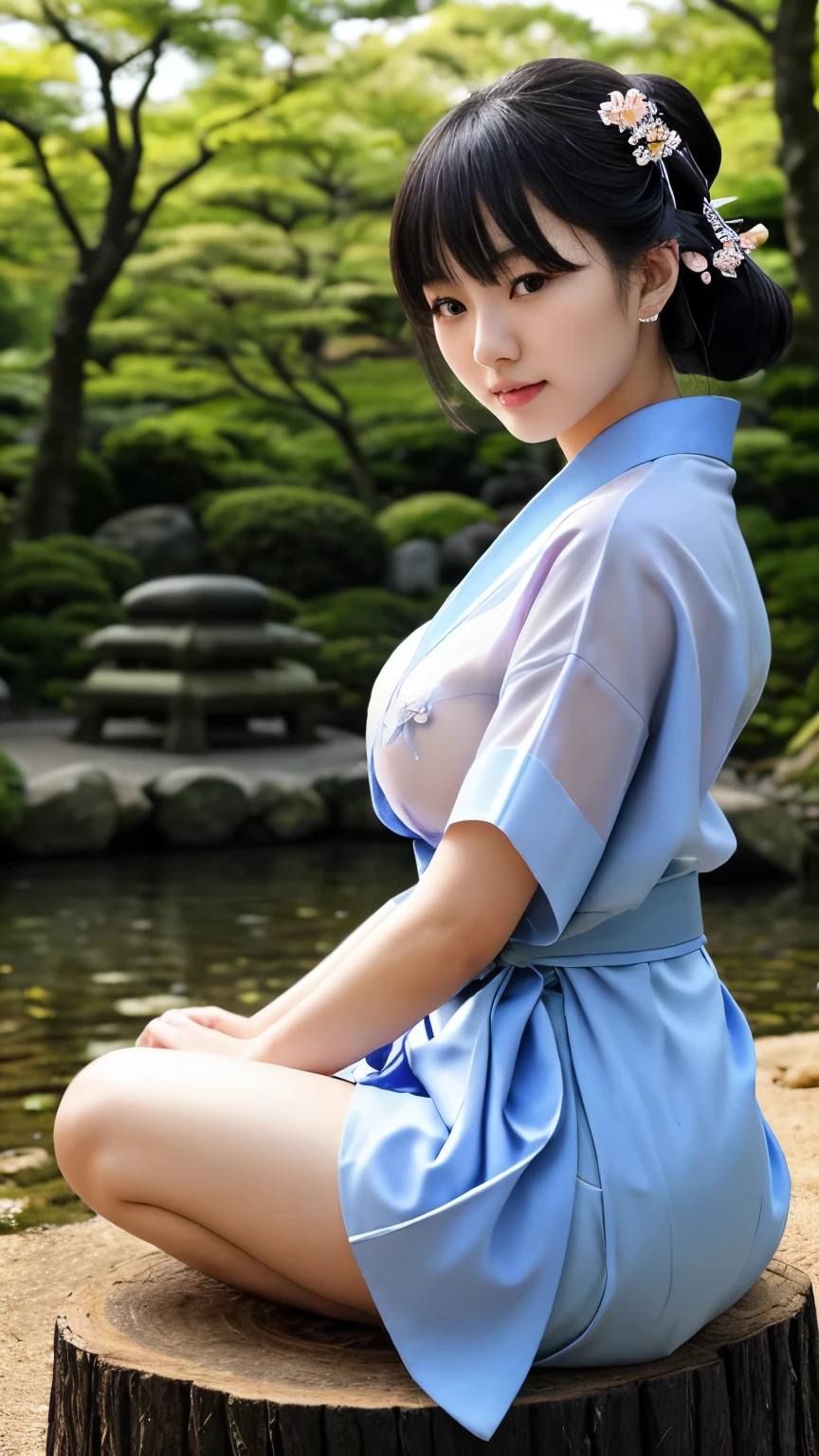 最high quality、high quality、best image quality、8K、最High resolution、High resolution、最high quality、masterpiece、Realistic human body with detailed details、Realistic skin in every detail、Realistic face in every detail、Realistic eyes in every detail、Realistic lips in every detail、Realistic teeth in every detail、Realistic ears with attention to detail、Realistic hair with detailed details、Realistic arms with attention to detail、Realistic hands with attention to detail、Realistic fingers with attention to detail、(fine hands、thumb1reference4)、Realistic legs with attention to detail、Realistic feet with attention to detail、((beautiful japanese girl))、(japanese model), (japanese woman)、((18 year old beautiful girl))、(black hair)、(straight hair)、((whole body))、((Beautiful breasts directed upwards、Medium chest))、(slim style、slender style)、(whole body光沢肌、Fair skin)、Detailed and realistic human body、detailed realistic skin、detailed realistic face、detailed realistic arms、Detailed realistic fingers、Detailed realistic feet、soft natural light、samurai kimono、maiko kimono、servant、geisha kimono、japanese kimono、Furisode、kimono、Yukata、japanese traditional、Samurai Residence、Japanese garden、((colorful transparent see-through(flowery kimono、Hakama with side slits))、((sit with your knees bent on a stump in the garden(Pose that makes your thighs look beautiful))