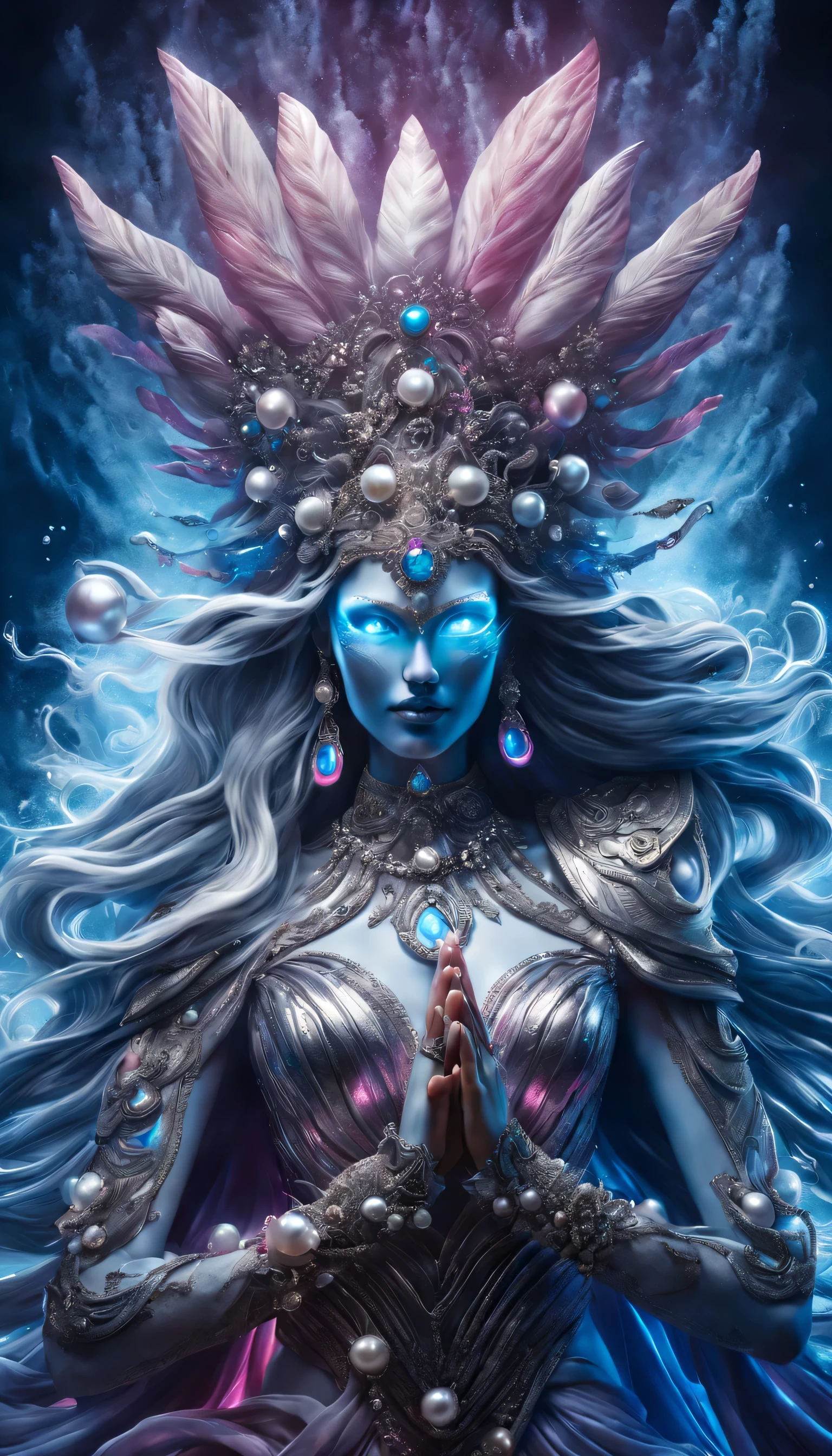 Imagine an ultra-realistic image of Yemanjá, adaptado ao estilo cromopunk, serving as epic game wallpaper. She is against a black background, surrounded by an immersive atmosphere created by blue smoke effects, prata, rosa, e branco, adding a surreal and powerful touch to the scene.

Yemanjá strikes an epic pose, seu cabelo preto fluindo como as ondas do mar, adorned with shells and pearls, reflecting the pratay and bluish glow illuminating her. Your radiant skin is captured in ultra-realistic detail, wrapped in dynamic blue and prata lights, highlighting its majesty and spiritual strength. The composition is energized by touches of rosa e branco, adding layers of depth and emotion to the image.

Colorful smokes intertwine around you, creating a dramatic and mystical effect, with each color symbolizing different aspects of its essence - blue represents the depth and calm of the sea, prata purity and wisdom, rosa compassion and maternal love, e branco peace and protection.

HDR lighting accentuates every detail, from the subtle shine of pearls to the reflections on your skin, criando uma imagem incrivelmente bela e sobrenaturalmente poderosa. Yemanjá&#39;s pose is both welcoming and authoritarian, a manifestation of her nature as queen and mother of the sea, inviting the viewer to feel its powerful and calming presence.

This chromopunk HDR portrait of Yemanjá is a celebration of vibrant colors, Epic composition, e ultra-realismo, with a smoky background evoking the mysterious depth of the ocean and the infinity of the night sky, capturing the divine essence and imposing the presence of the orixá in an eternal moment.