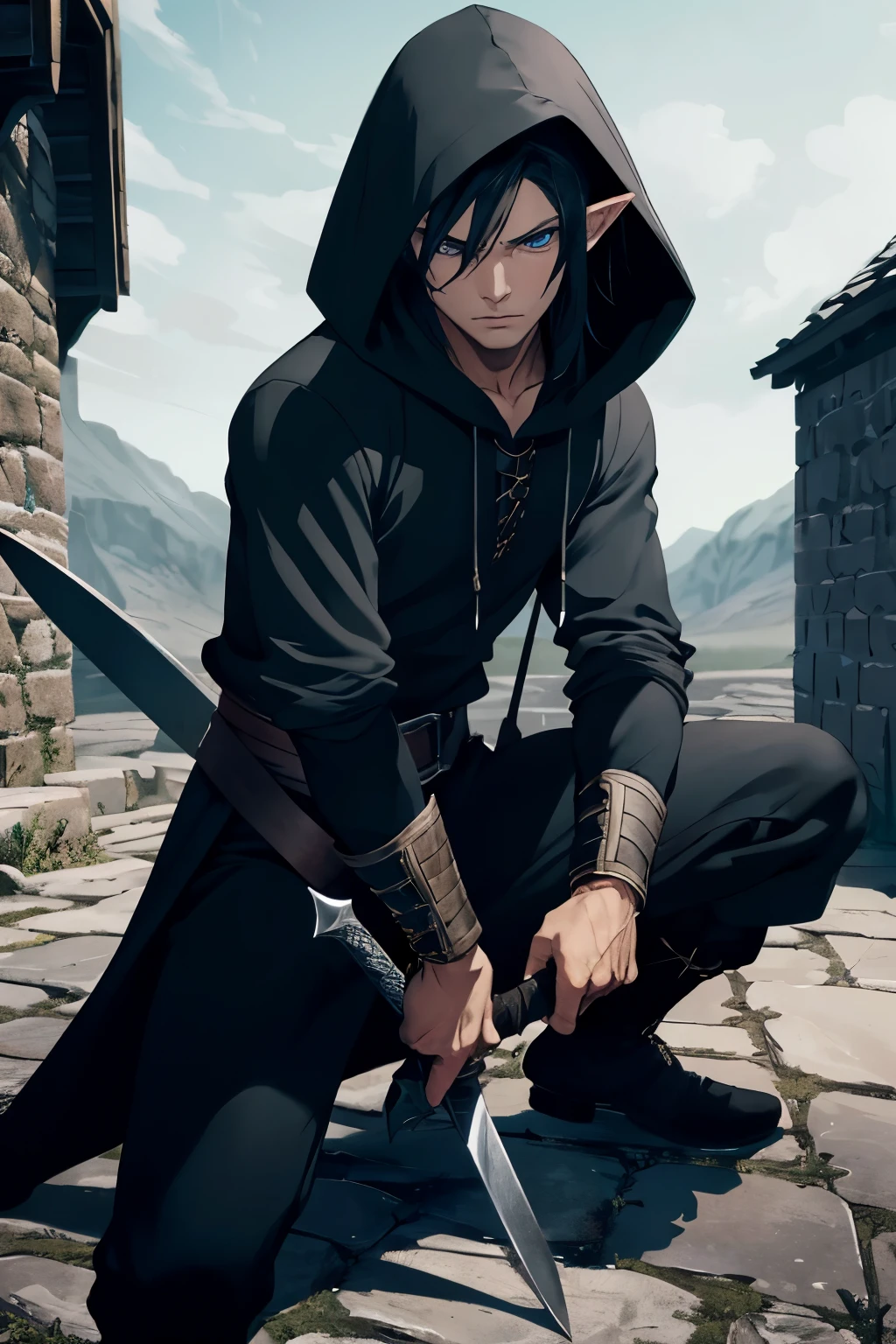(extremely detailed 8k wallpaper), a medium shot of a fearful young rogue, male, male focus, elf, black hair, blue eyes, black clothing, hooded, medieval, intricate, high detail, with a shadow blade in his hand, crouched, serene, ready for combat