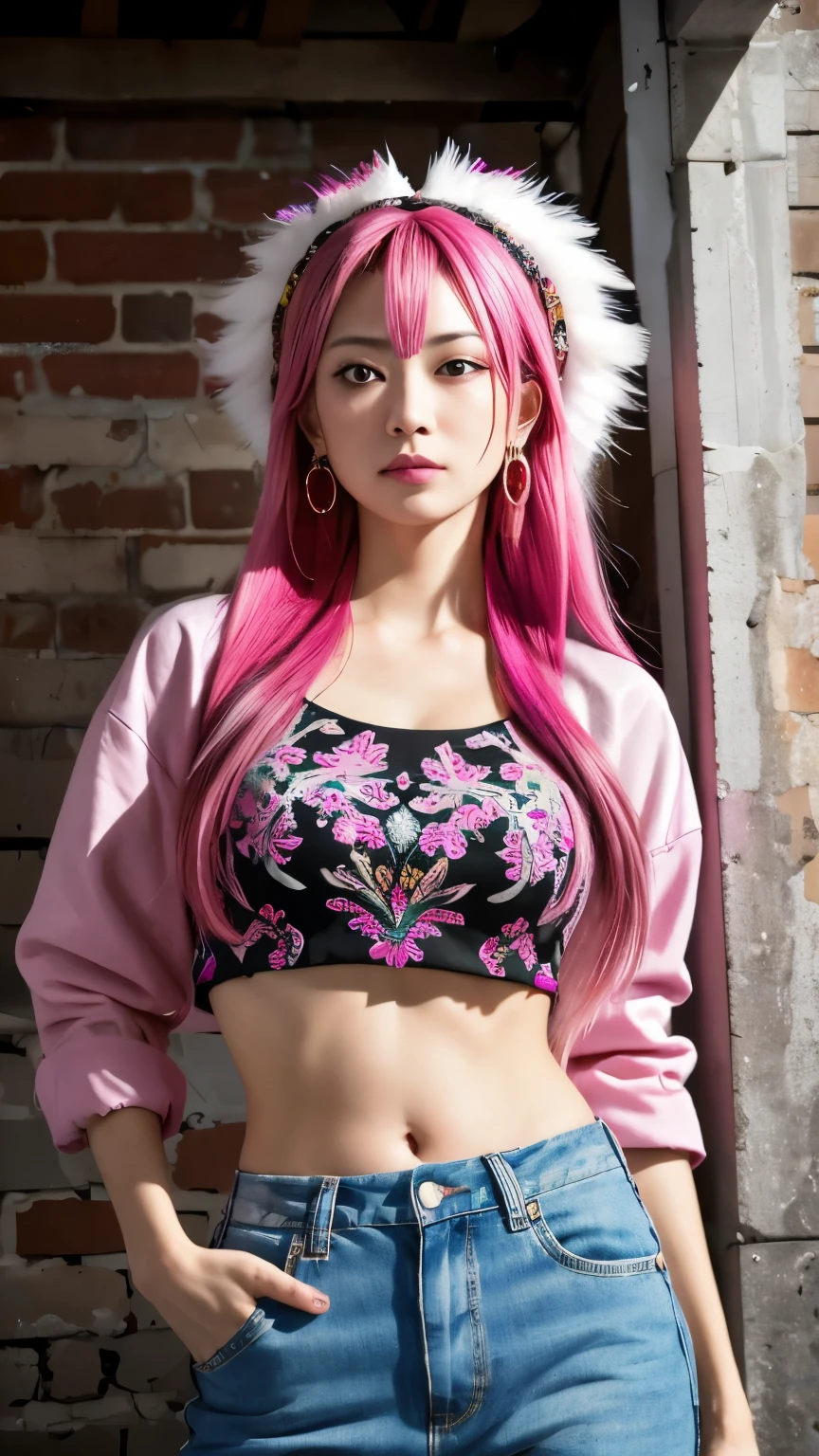 (masterpiece, highest quality, 8K, one japanese girl, alone, intricate details, chromatic aberration), photograph, realistic, ((Medium breathing)),long hair, pink hair, Red headdress, pink highlights, hair above one eye,purple eyes, earrings, Neon Shirt, open jacket, crop top, (eye of symmetry),(perfect symmetrical body),towards the wall, brick wall, graffiti, dim lighting, alley ,look at the audience