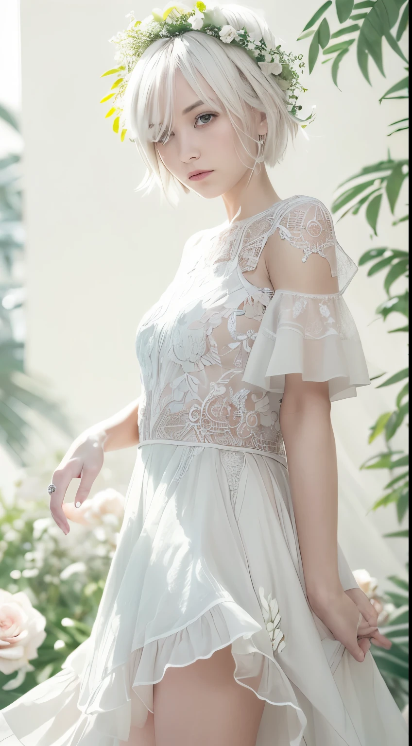 (high quality, masterpiece:1.2), 1 girl, (realistic:1.4), alone, white background, white hair, short hair, zettai ryouiki, skirt, (full body), symbolic flower crown, pure white dress, soft natural light, elegant pose, delicate features, dreamy atmosphere