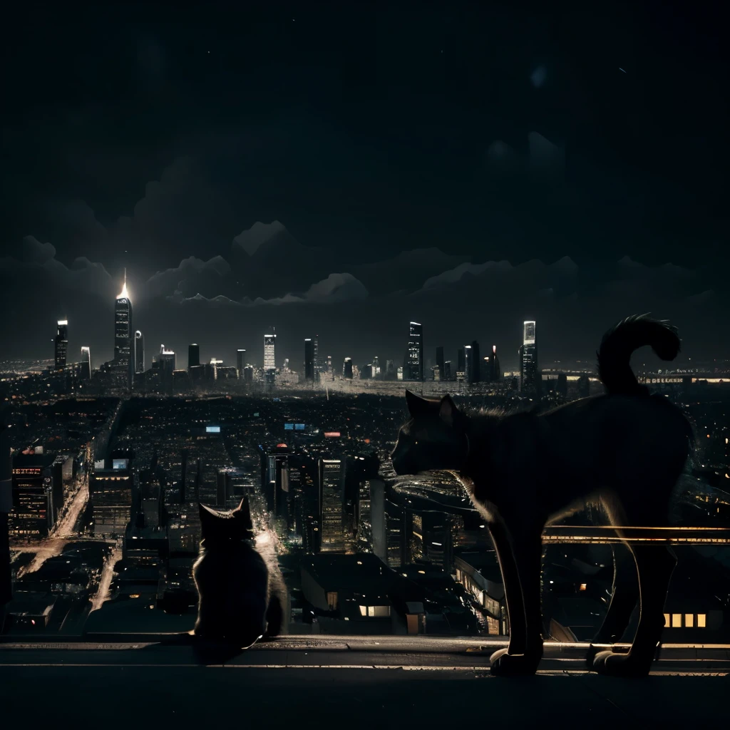 City night view and a black white cat (bustling city at night in the background) (great works: 1.3), (best quality: 1.1) (masterpieces: 1.3) with unparalleled masterpieces, surreal 8K, perfect artwork, super details, best quality, masterpieces 4K wallpaper aesthetics, masterpieces, award-winning artwork, official art, cinematic lighting