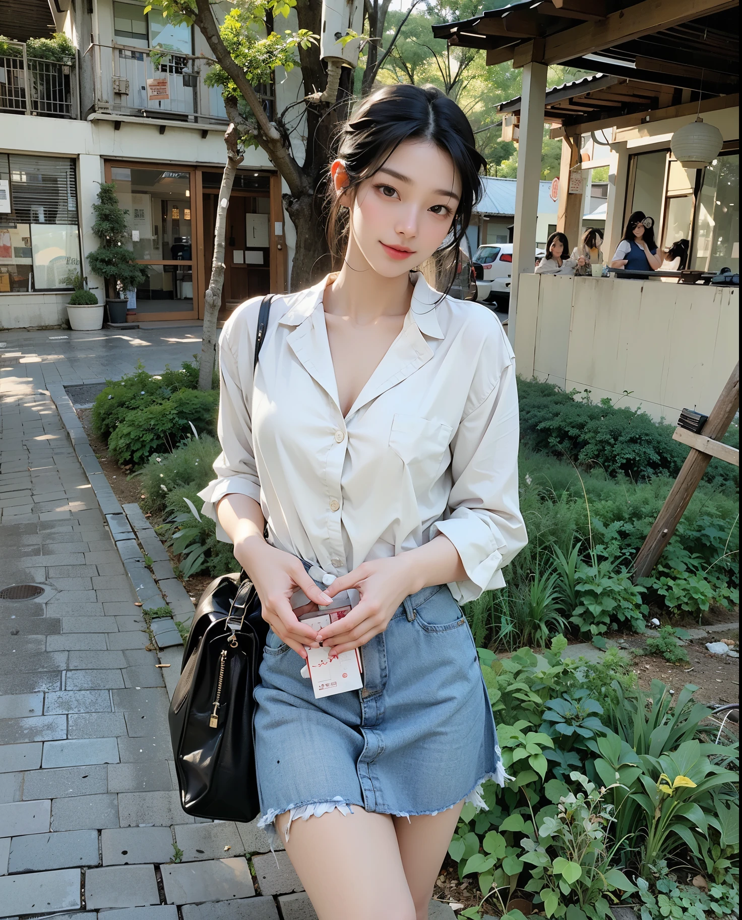 araffe woman in a white shirt and denim skirt posing for a picture, white trendy clothes, wearing a blouse, white shirt and jeans, white blouse, wearing a white blouse, wearing a light shirt, sakimichan, korean girl, wearing a white button up shirt, beautiful young korean woman, korean women's fashion model, casual clothing style