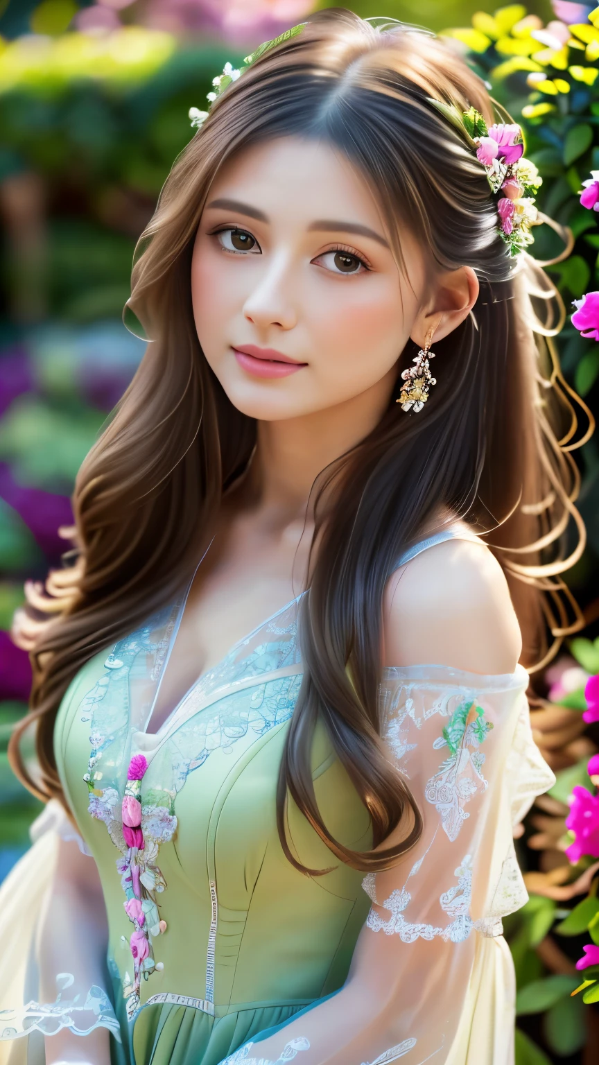 (best quality,4k,highres:1.2),luminous colors,soft rim light,detailed girl in a garden,beautiful detailed eyes,beautiful detailed lips,extremely detailed eyes and face,long eyelashes,flowing hair,serene atmosphere,delicate flowers,blurred background,impressionist art style,vivid colors,subtle shades,lush greenery,gentle sunlight,masterpiece:1.1