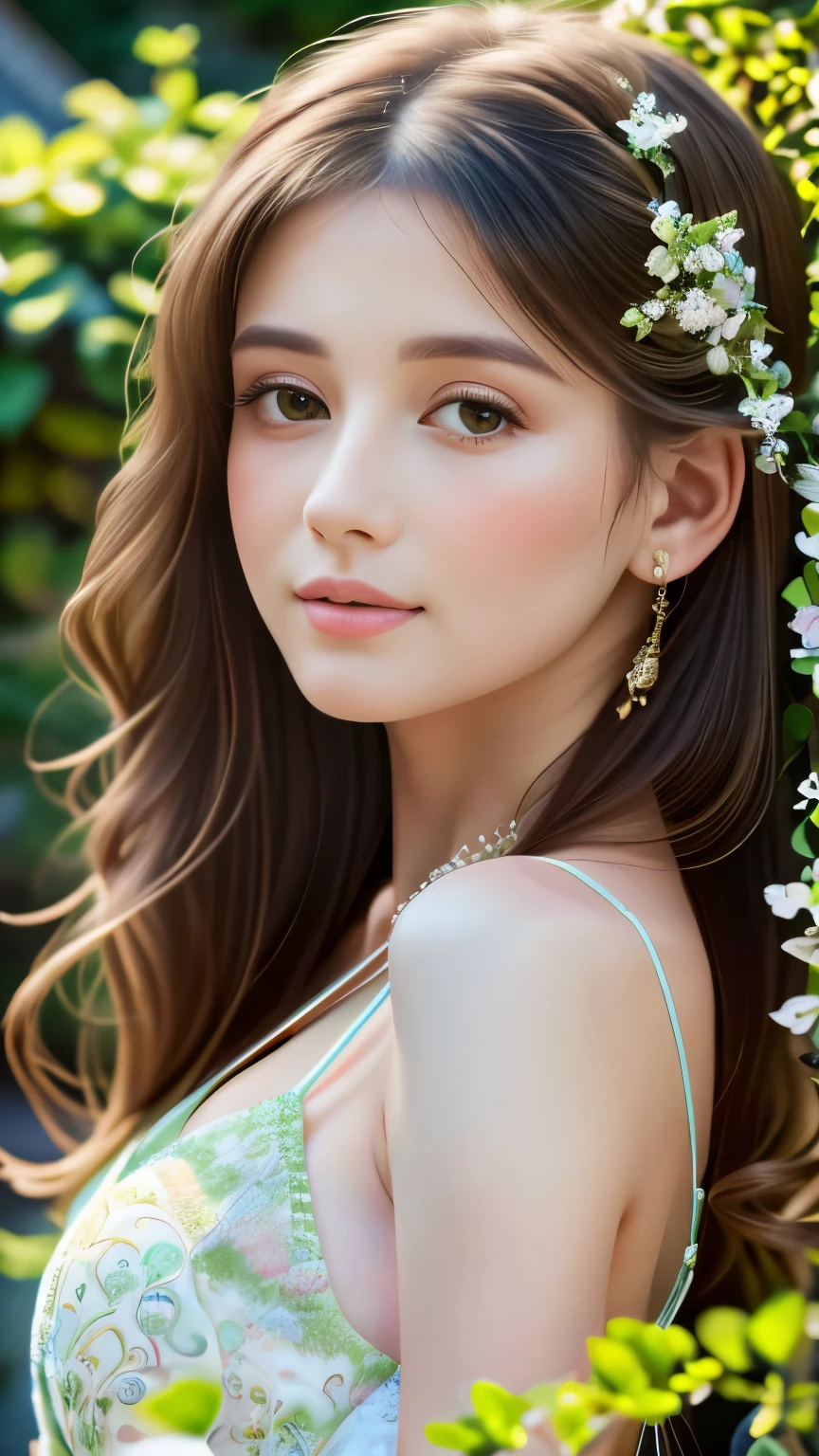 (best quality,4k,highres:1.2),luminous colors,soft rim light,detailed girl in a garden,beautiful detailed eyes,beautiful detailed lips,extremely detailed eyes and face,long eyelashes,flowing hair,serene atmosphere,delicate flowers,blurred background,impressionist art style,vivid colors,subtle shades,lush greenery,gentle sunlight,masterpiece:1.1