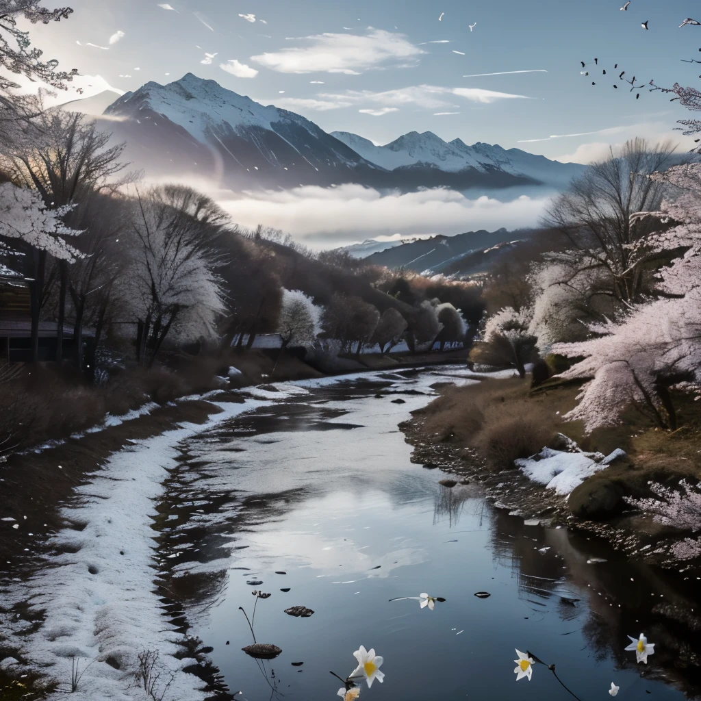 Deep forest, distant mountains, flying birds black and white cat. Two-dimensional style, bright and vibrant, cherry blossoms cover the mountainside, the sunrise can be seen in the distance, a stream meanders, there are a few daffodils on the bank, the sunrise