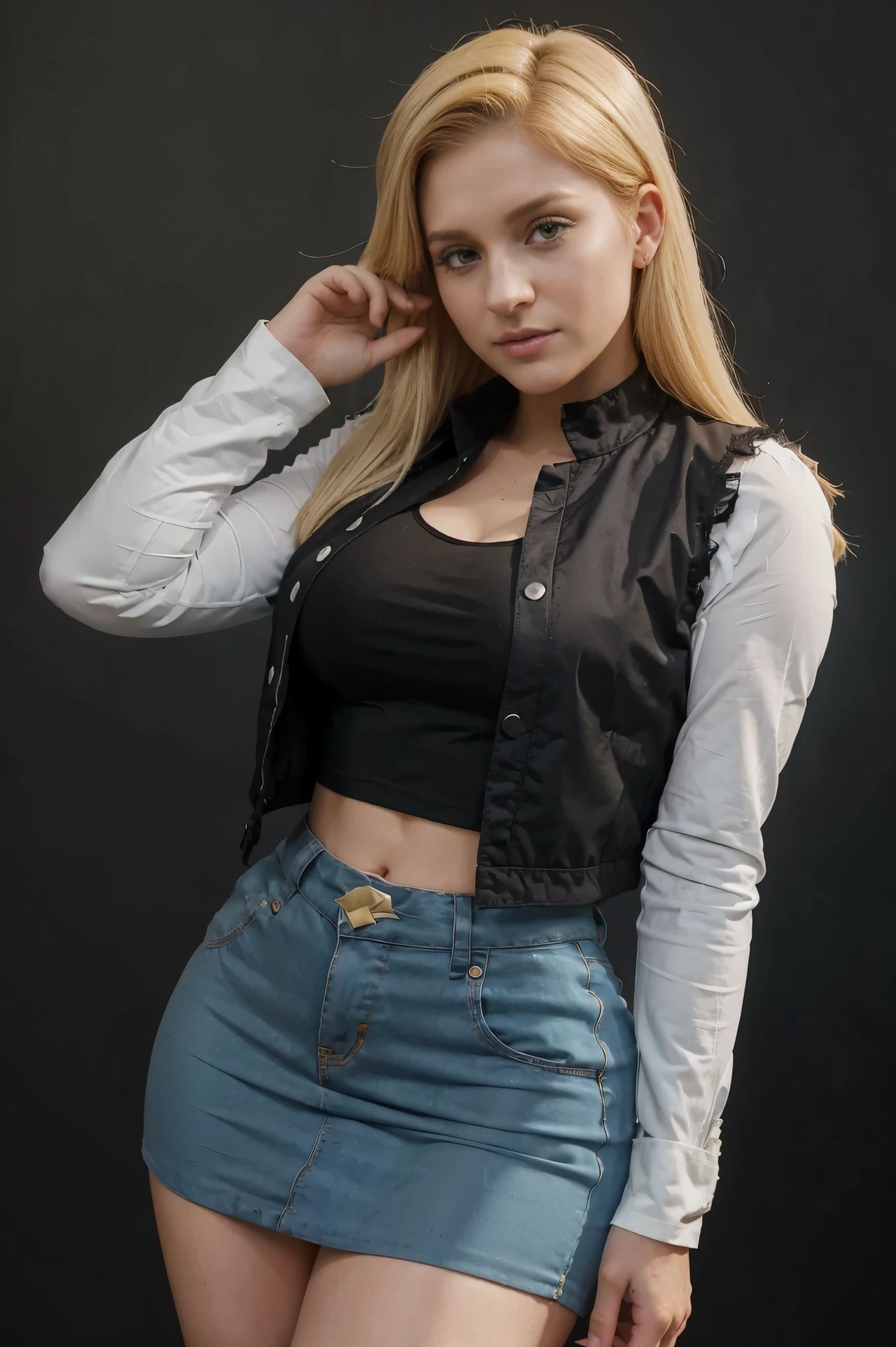 Meghan Trainor hair blonde es android18DB, ultrarealista, mezclilla vest:1.2), chaleco abierto, pantimedias negras, la camisa negra, mezclilla skirt, (mangas largas a rayas blancas), falda azul, pechos grandes, maderageki, sombreado suave,