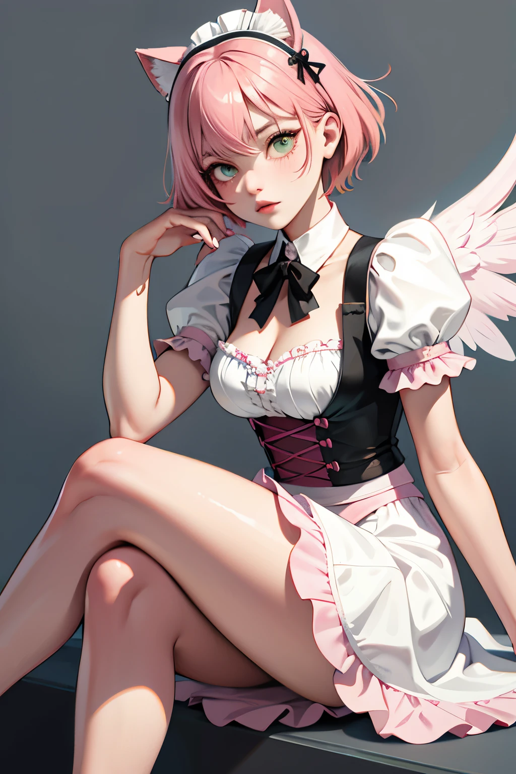 Alisa Boskonovitch, better quality, modern, flat style, minimalism, green eyes. Flat illustration., pink hair, short hair, multicolored hair, black undershirt, mechanical wings, Close-up head portrait, pointy ???????, split, super split, ??????????????, Tekken，pink hair pastel, 1 girl, in a kimono, hand painted，Colorless line drawing, pastel yandere colorful, Tekken, Super cute girl with pink hair and gothic makeup on her side, with a maid outfit，a slim body，Strong，He was sitting on the floor，Dressed in pink and white maid outfit.，очень short hair，with cat ears，quadratic element，, Pink kawaii in 1910 era clothing, Alisa Boskonovitch розовые губы, In the style of a soft color palette Aurorapunk, anime illustration of his face, Animated gifs, Hand-drawn animation, charming sketches, smooth and shiny, Foggy romanticism, Суперflat style, white background - ar 1:1 – niji 5 – expressive style --s 50 , Pink kawaii in 1920s era clothing