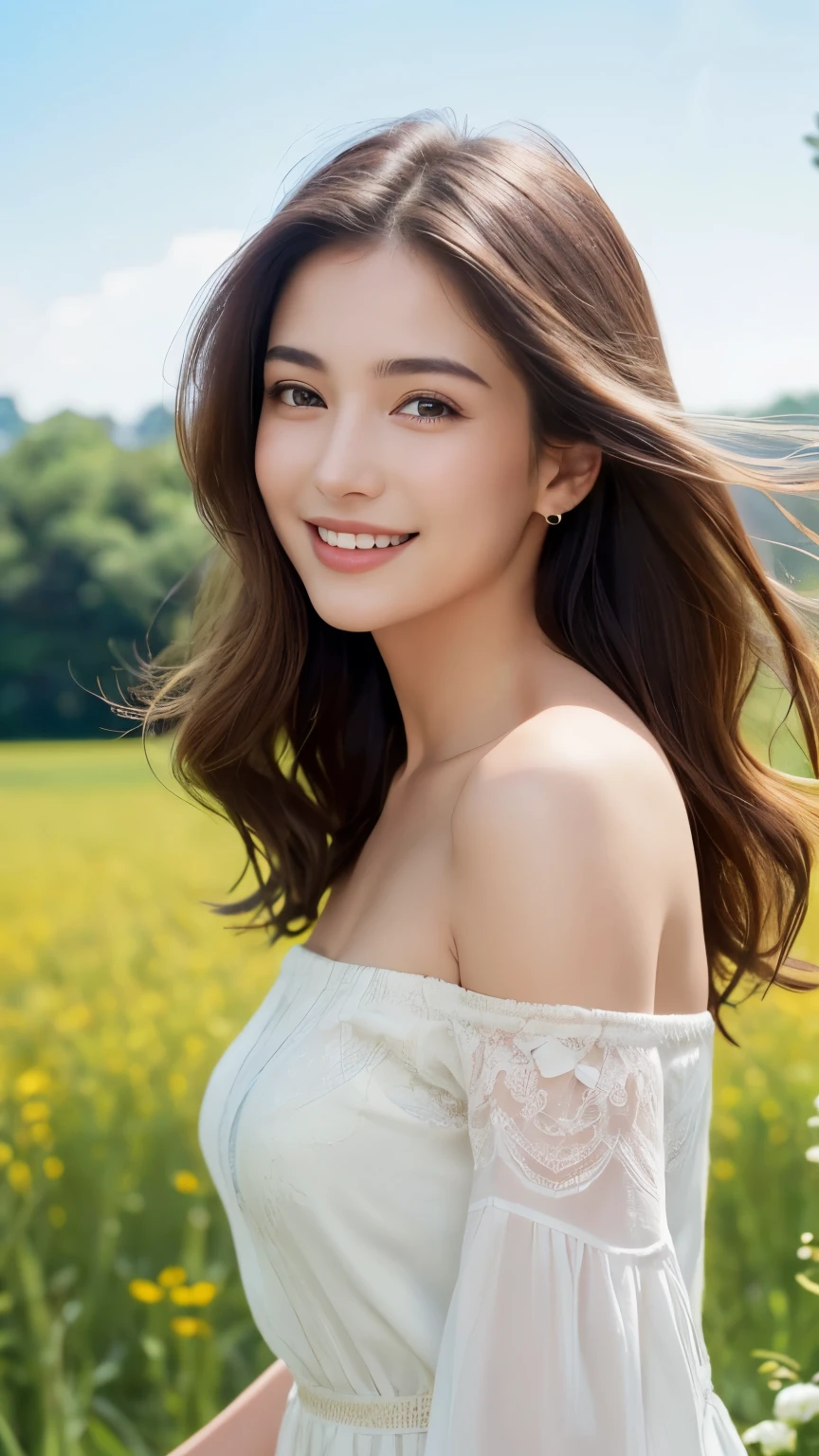 cleavage,Best quality, masterpiece, ultra high res, (photorealistic:1.4), raw photo, 1girl, white dress, off shoulder, blue flower field, glowing skin, light smile