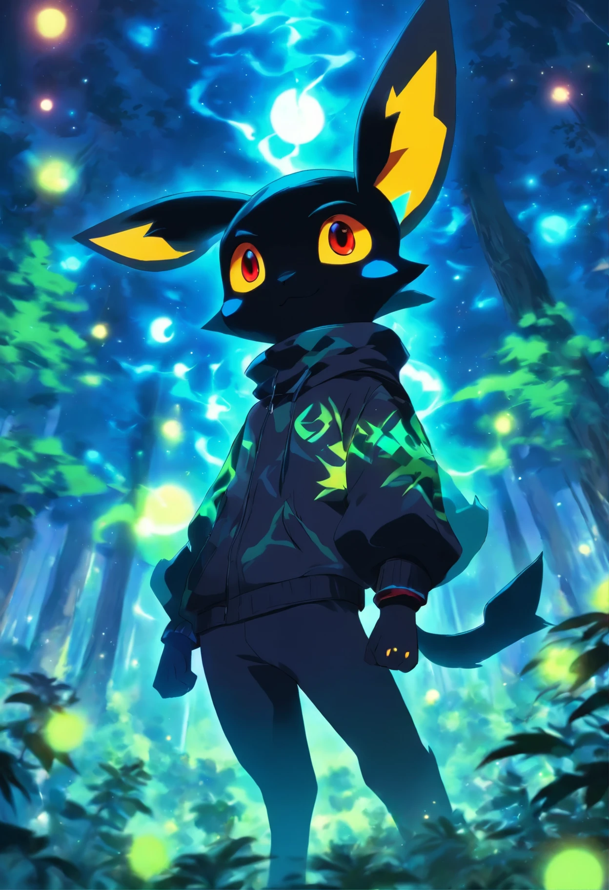 Enchanted cannabis sativa forest in background,Anime boys,Face away from the camera, Holding a small red ball in his hand. There are amazing animals, big trees, flying birds, Mainly blue and green, Behind him was a Wartortle, Anime shonen wears green, He wears a Pokémon-related hat, Behind him there is the glowing Umbreon, The ager looked serious