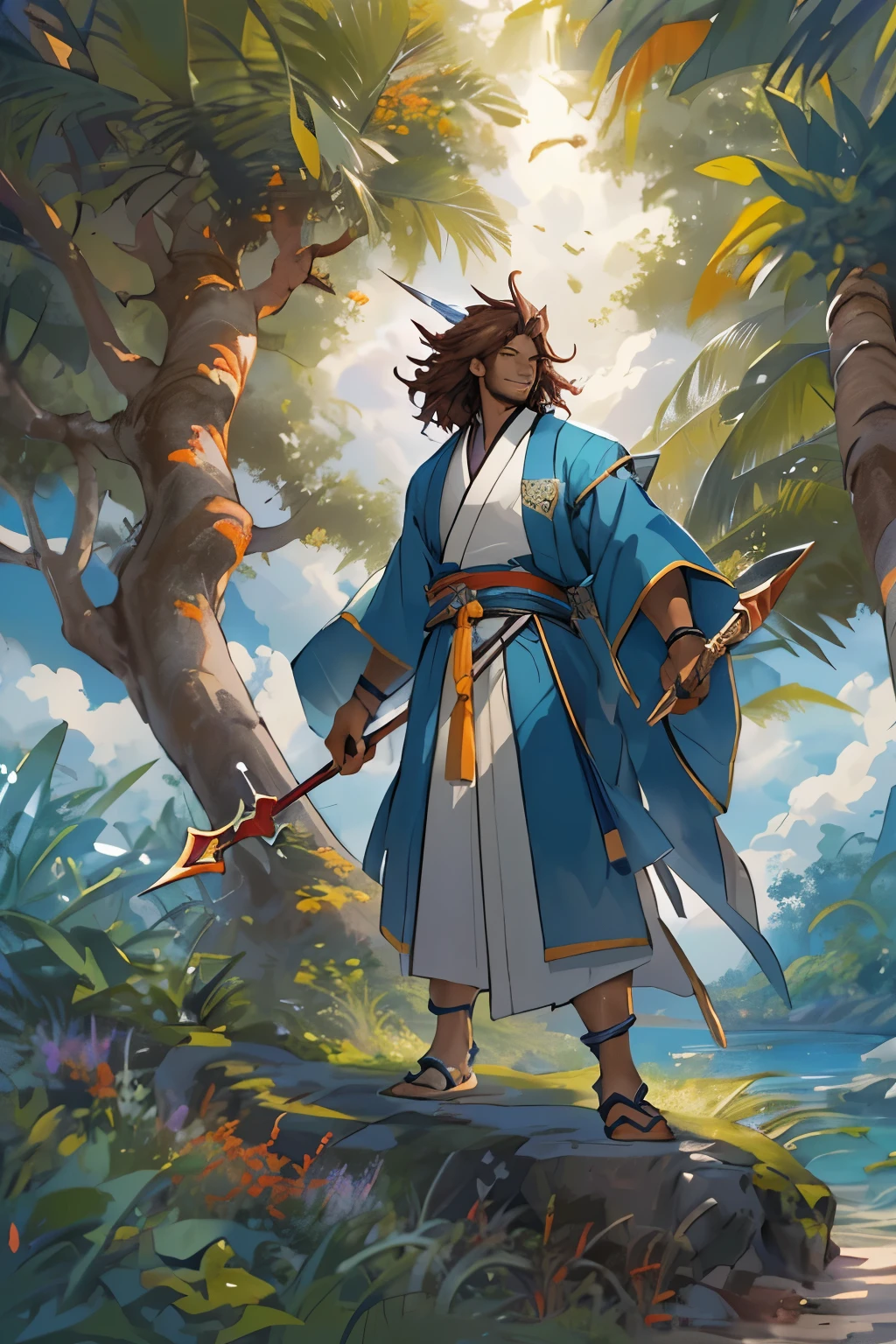 masterpiece, best quality, official art, extremely detailed 8k wallpaper, ((seraphim as a (dark-skinned young man) wearing flowing blue hakama with (shoulder-length curly reddish-brown hair) (holding mystical lance gungnir) upright)), glowing spiked halo above head, walking through a (mango tree garden approaching a pristine beach of Haiti), soft fluffy white clouds passing through sky, sunlight beaming on his face, perfect eyes, facing the viewer, full body portrait, smiling