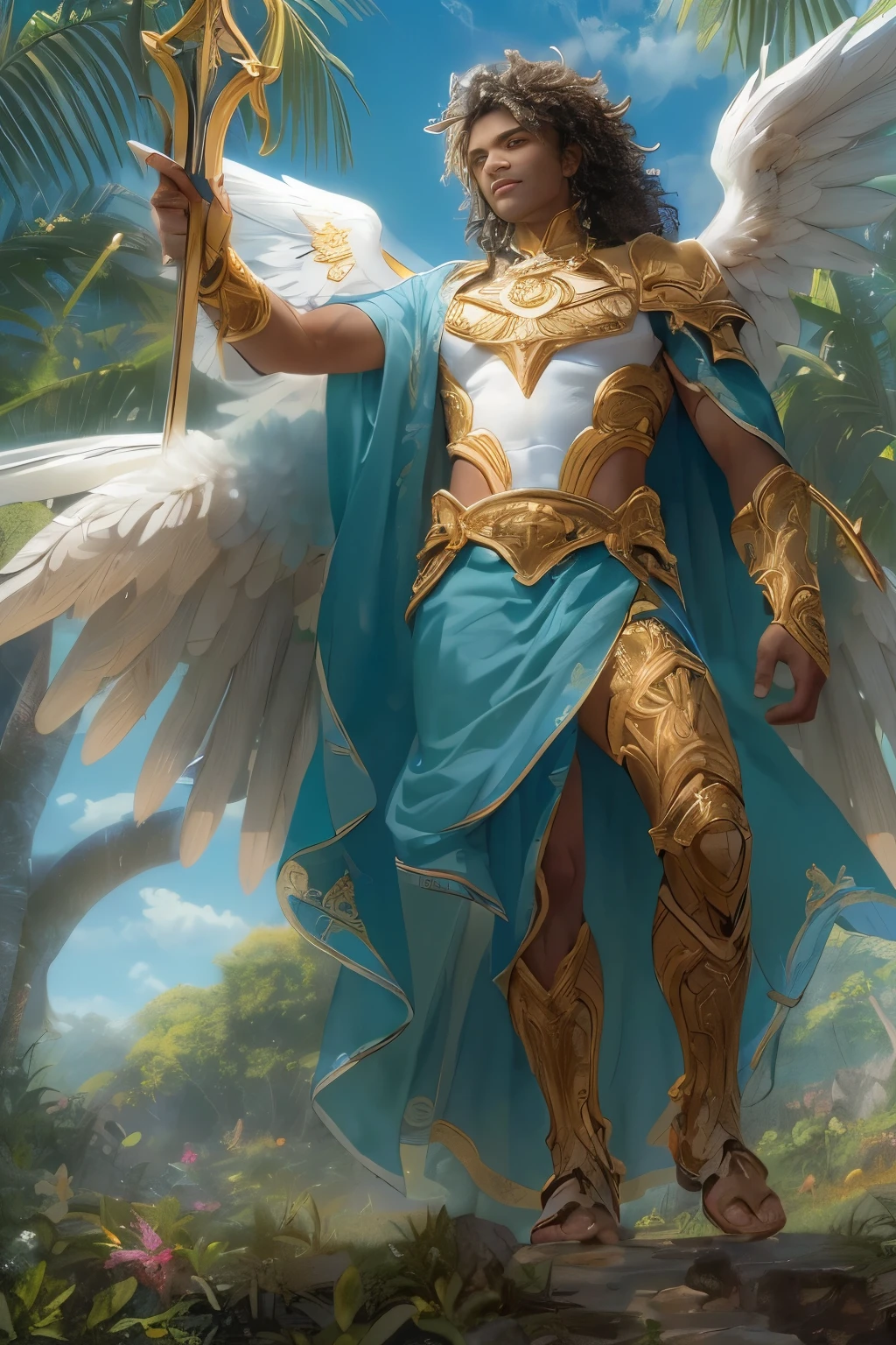 masterpiece, best quality, official art, extremely detailed CG unity 8k wallpaper, ((seraphim ((archangel Gabriel)) as a (dark-skinned young man) wearing blue trunks with (shoulder-length curly reddish-brown hair) (holding holy spear and sword) upright)), in a dreamscape walking through a mango tree grove on the shores of beach of Haiti, blue sky and soft fluffy white clouds, sunlight beaming on his face, perfect eyes, facing the viewer, full body portrait, smiling