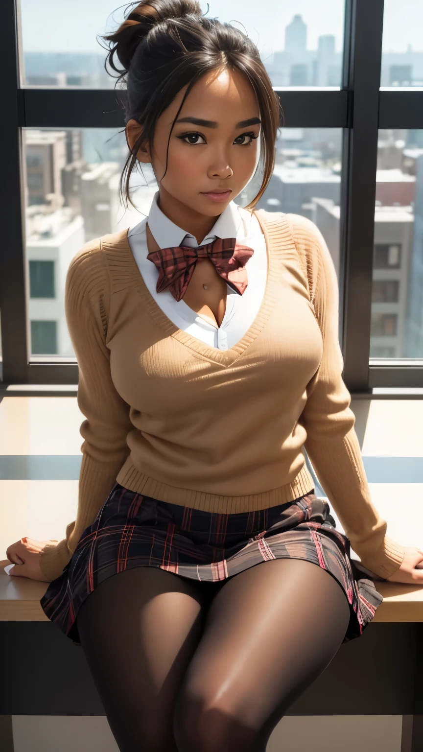 Beautiful woman, tanned skin, pacific islander, sitting on a desk, office clothes, long-sleeve, red sweater vest, cleavage, (black plaid skirt), (pantyhose), (bowtie), boots, messy bun, blonde hair, (blushing), office, setting sun, large windows, top floor, Hyperrealism, depth of field, cinematic lighting, UHD, masterpiece, high details, high quality, highres, 16k, sexy pose, seductive pose