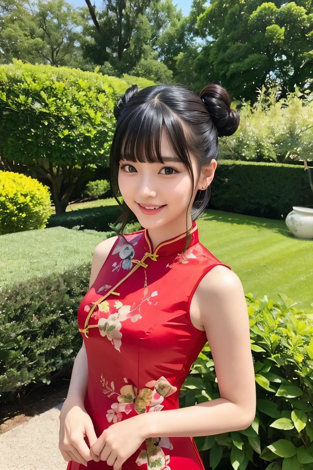 black hair、Twin Buns Hair、With bangs、smile、sexy body、red cheongsam dress、K-pop Idol、standing in the garden、staring at me