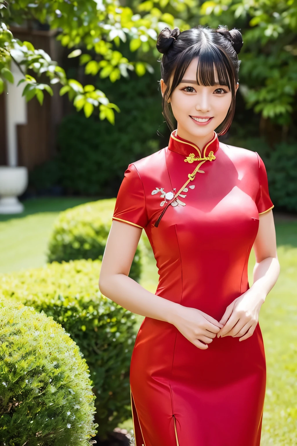 black hair、Twin Buns Hair、With bangs、smile、sexy body、red cheongsam dress、K-pop Idol、standing in the garden、staring at me