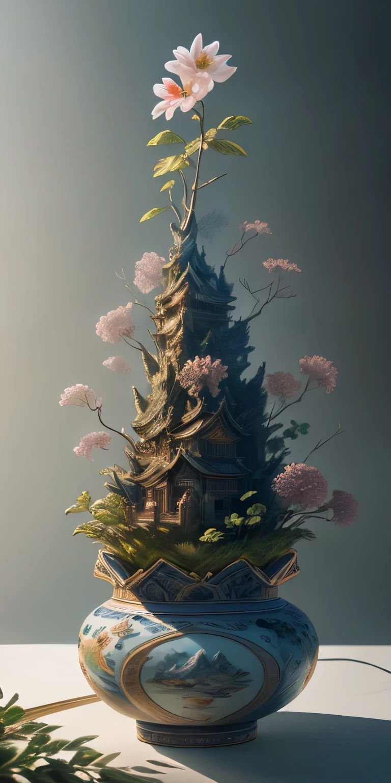 best quality, realistic, photorealistic,  ultra detailed, "Mountain of Flower and Fruit+Fairy+Chinese Architecture" highly detailed carving on "southern ice" porcelain,Ultra wide angle,Accent Lighting,Volumetric Lighting,backlighting, (detailed light),((an extremely delicate and beautiful)),dramatic_shadow,ray_tracing,hdr