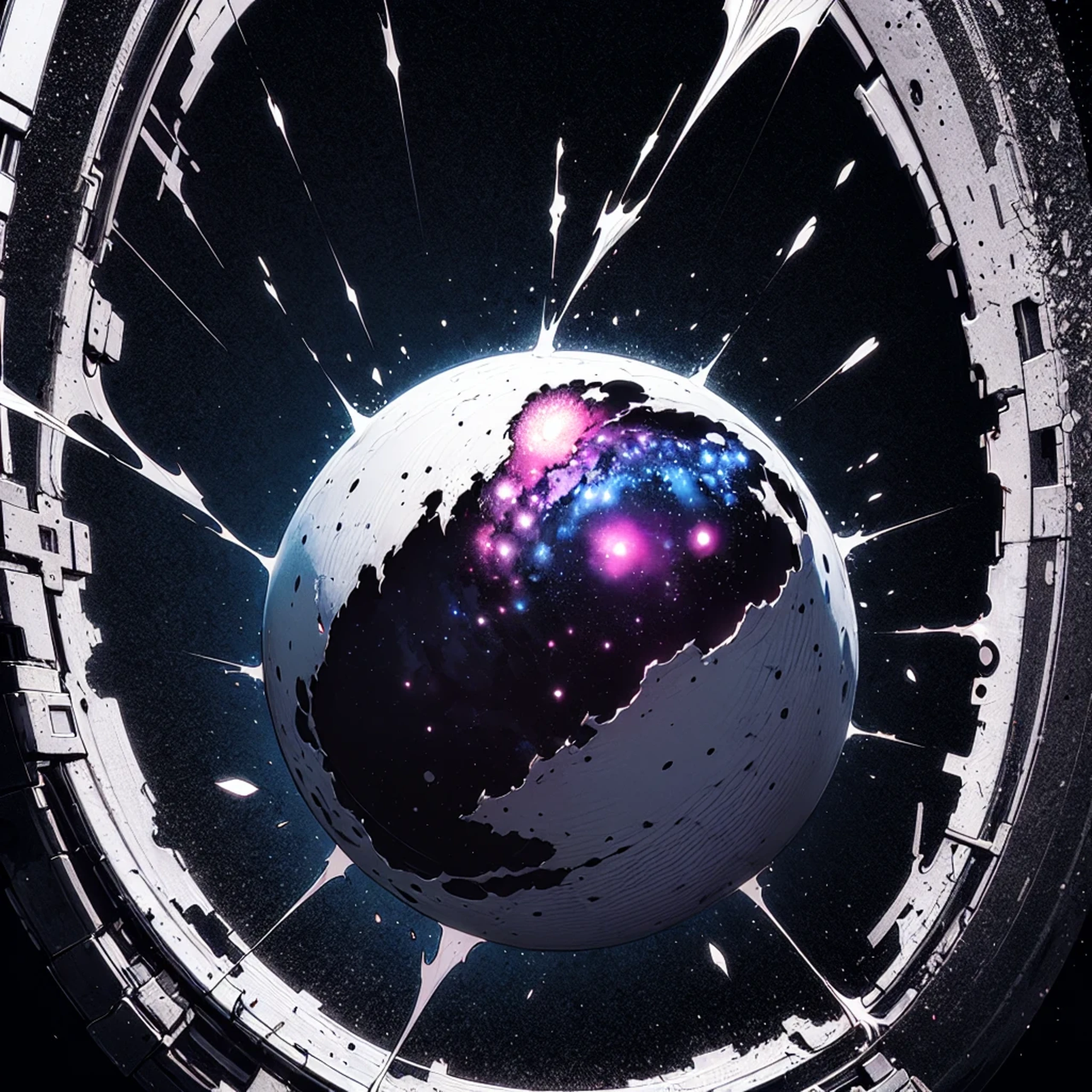 painting of a dying star using multi nebula colors with a clear theme of black and white as well with a biomechanical god at its center, 4k, digital destruction at its finest, neon colors, magic explosion of energy,