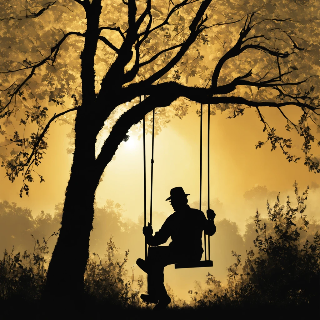 A on a swing, an old man beside him, the sun slanting down and the gentle light creating silhouettes, summer flowers, Cezanne touch, highest quality image.