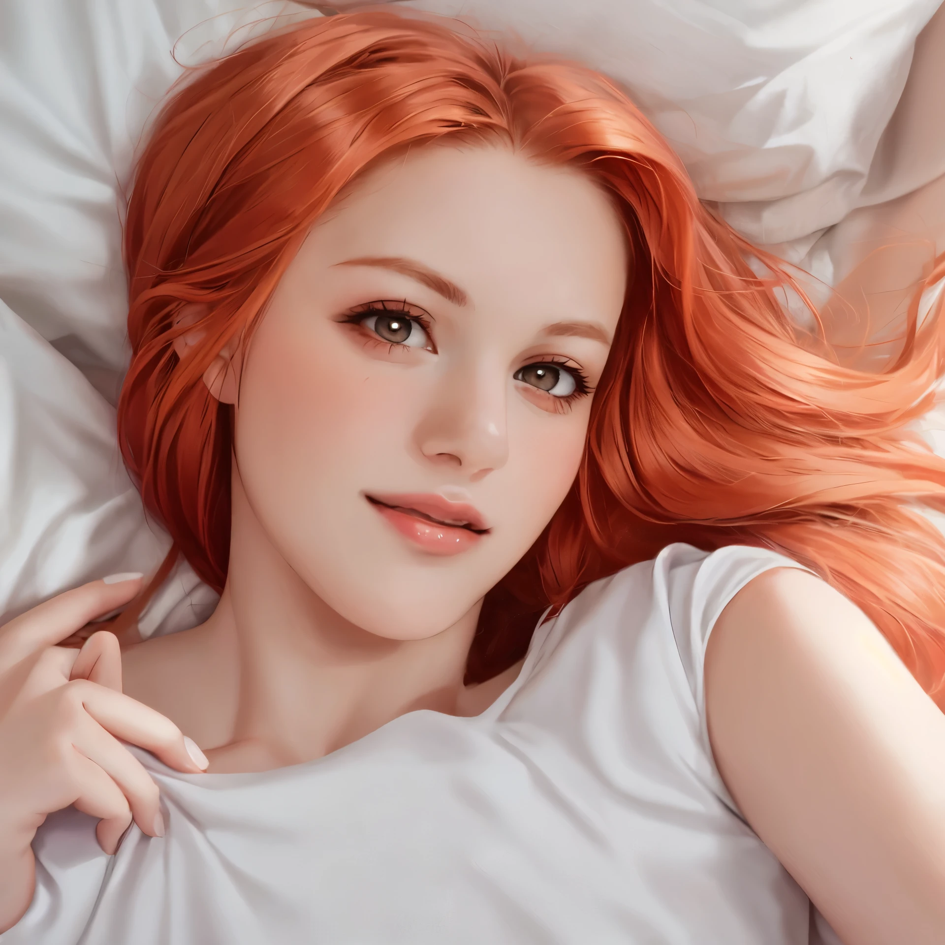 arafed woman laying in bed with white sheets and white sheets, cute young redhead girl, a redheaded young woman, a beautiful teen-aged girl, selfie of a young woman, flowing ginger hair, redhead girl, 