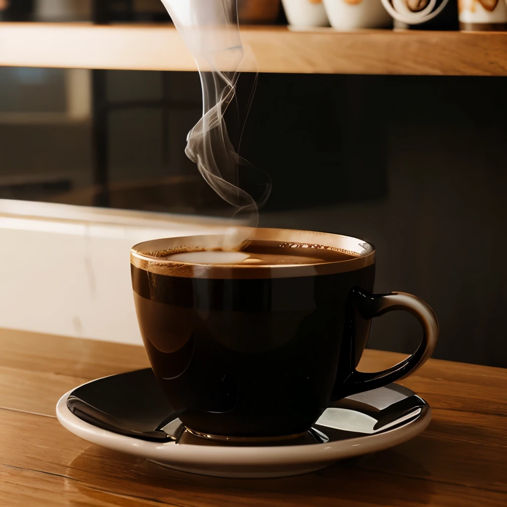 A logo for coffee shop with a cup of hot black coffee, a cigarette