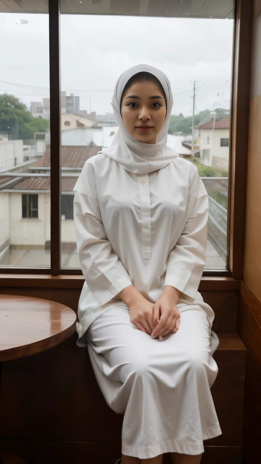 Zahra Ayu 23 years old 160cm 55kg wearing white moslemwear, sitting inside coffee shop. Sitting near the window. Rainy season. Thunderstorm.