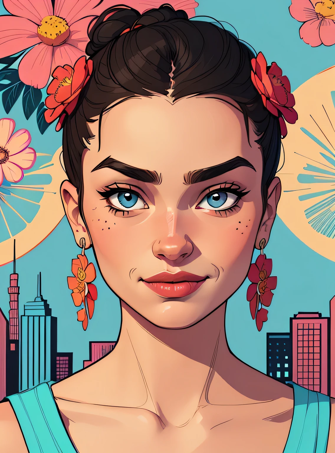 (estilo de desenho animado:1.2), Imagem de desenho animado de Frida, garota funky super fofa, cartoon style illustration, estilo de arte dos desenhos animados, estilo de arte dos desenhos animados, digital illustration style, design de personagens altamente detalhado, arte digital detalhada fofa, City Girl Fan Art, design de personagem retrato, beautiful digital illustration, retrato de alta qualidade, arte em quadrinhos, retrato do design do personagem, fundo floral