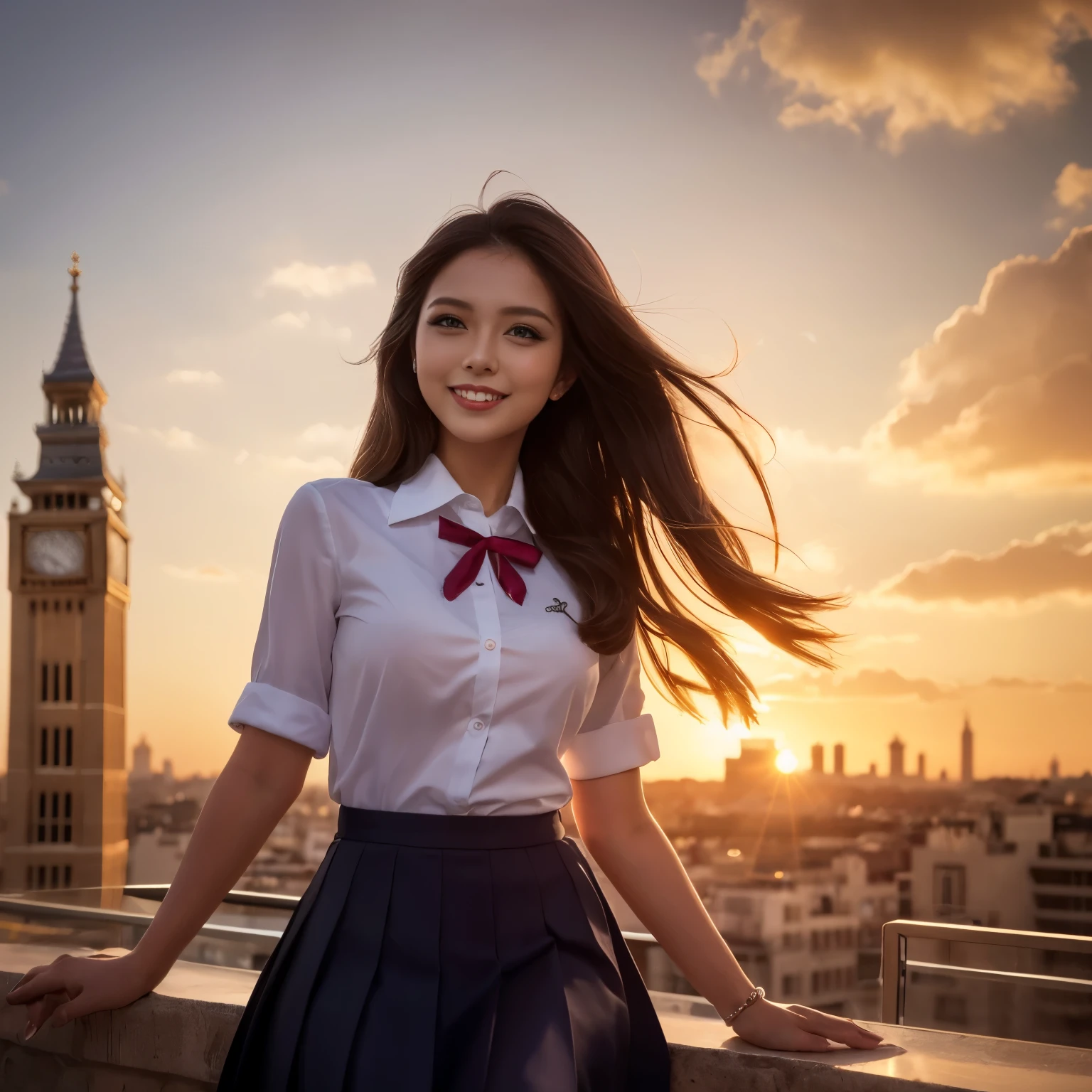 ((highest quality, table top, Super high resolution、the most complex and detailed depiction))、1 、high school uniform,white shirt,ribbon on chest,navy skirt、cowboy shot、hair swaying in the wind、Recreating the perfect details of Madrid、romantic madrid sunset、beautiful sunset on background、Detailed background of madrid、big ben madrid、Look at me、Detailed and crisp backgrounds、big and full breasts、best smile、the happiest smile、beautiful sunset、brilliant sunset、perfect makeup、Long Wave Hair