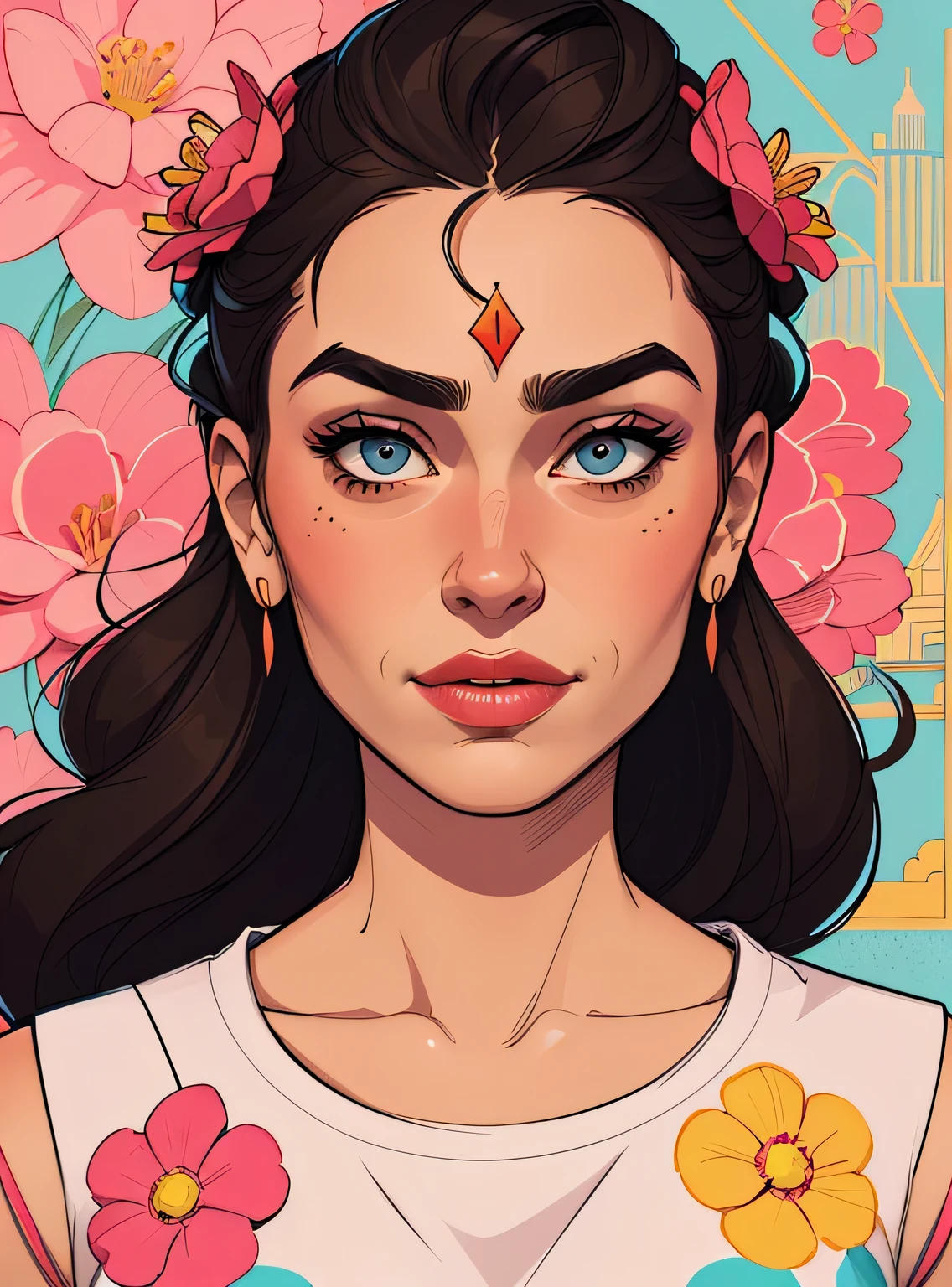 (estilo de desenho animado:1.2), Imagem de desenho animado de Frida, cartoon style illustration, estilo de arte dos desenhos animados, estilo de arte dos desenhos animados, digital illustration style, design de personagens altamente detalhado, arte digital detalhada fofa, City Girl Fan Art, design de personagem retrato, beautiful digital illustration, retrato de alta qualidade, arte em quadrinhos, retrato do design do personagem, fundo floral