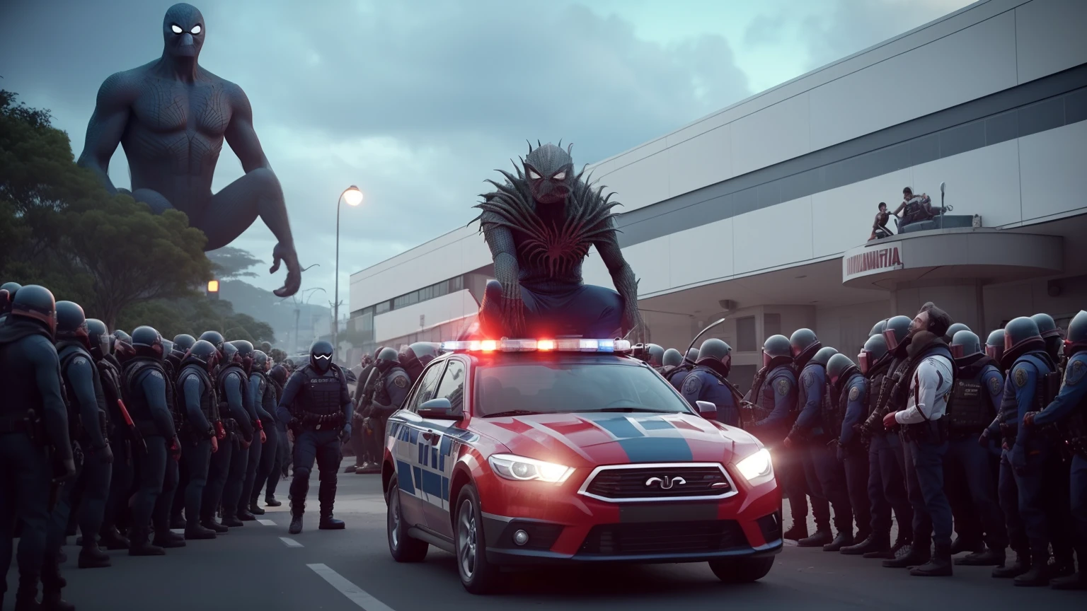 there&#39;s a police car with a man on top, carnificina, de um filme da maravilha, filme ainda 8k, de um filme 2 0 1 9 sci fi 8k, epic scene from marvel movie, personagem maravilha, Tor, da Marvel, filmado do cinema, the creature is sitting in a car, Homem-Aranha no Moshpit, Milhas Morales!!!, filme da maravilha ainda