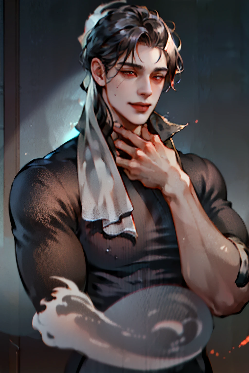 (best quality,4k,8k,highres,masterpiece:1.2),ultra-detailed,(realistic,photorealistic,photo-realistic:1.37),handsome young man,ghost entity,sexy smile,serious and seductive appearance,black silky straight hair,gray sweatshirt,gray sweatpants,cheeky , ghost man, red eyes, younger appearance, 1.83 tall, hot, muscular.