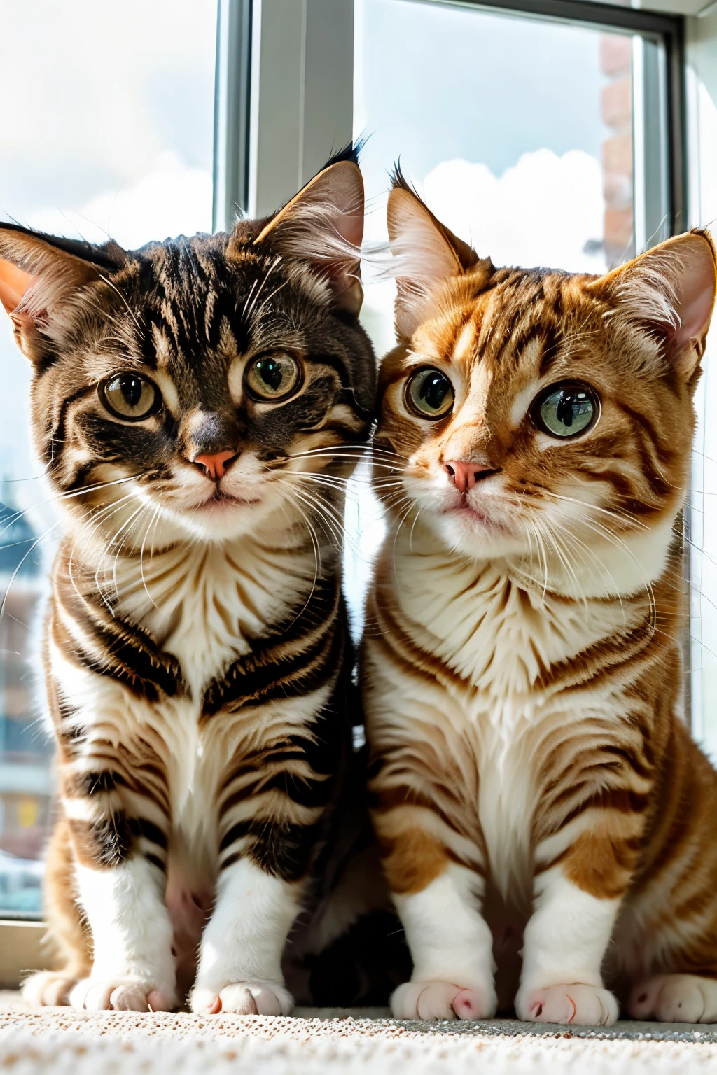 Professional photo of two adorable round-eyed cats taking selfies with selfie sticks, taken with a 15mm lens, f/2.8 aperture, 1/500sec shutter speed, and iso2000 setting. The foreground is filled with intricate details, showcasing their soft paws and shiny whiskers. Sunlight filters in from outside the window, casting a warm and gentle glow on their curvaceous forms. The high-resolution image captures every detail, from their fluffy fur to the expressions on their innocent faces. Shot in best quality, the close-up perspective emphasizes their playful personalities and charming selfie poses. The