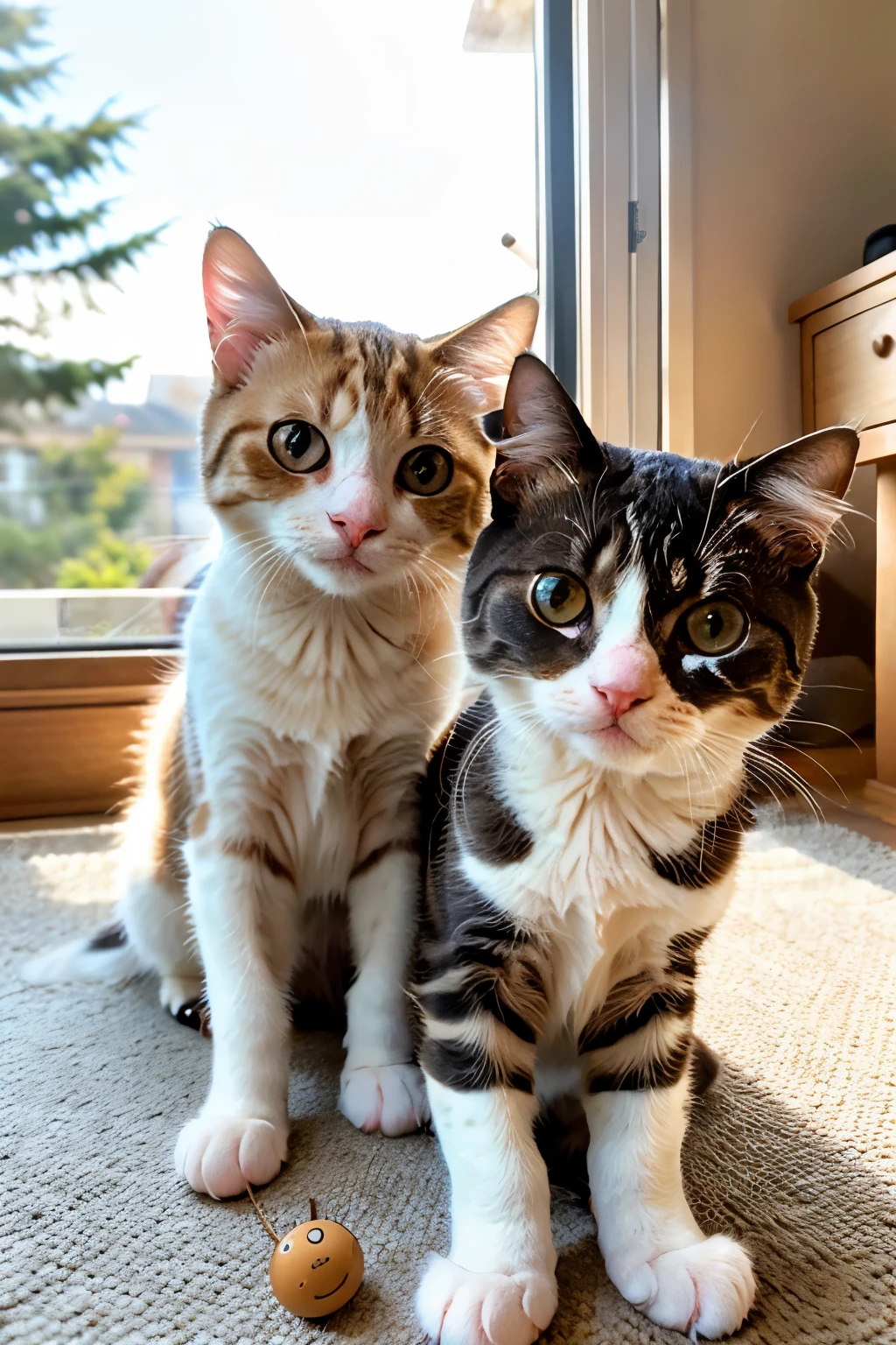 Professional photo of two playful round-eyed cats, taken with a 15mm lens at an f/2.8 aperture, 1/500 seconds shutter speed, and an iso 2000 setting. The cats are positioned in a bottom-up view in the foreground, with the sunlight streaming in from the window as the backdrop. This high-detailed close-up shot showcases their adorable round eyes, capturing their curious expressions as they take selfies with their selfie sticks. The photo exhibits intricate details, with a sharp focus on the cats' features, detailed fur texture, and realistic depiction of their eyes. Professionally post-processed