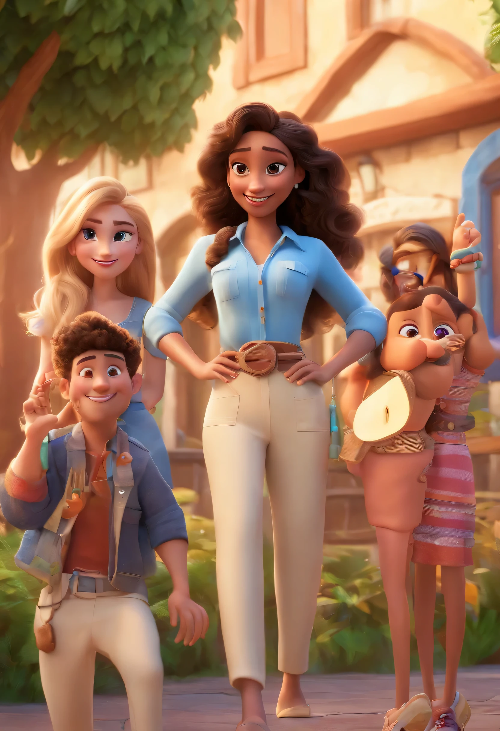 Liana Rebeca, Uma mulher de 30 anos, Mestiza, com longa, Encaracolado, Cabelo loiro escuro, olhos claros, Cartoon of friends having fun on vacation together, 3D Animation Movie Poster, Animated Movie Poster, pixar 3 d animation style, pixar renderman rendering, 8 de maio, filme animado, Estilo 3D da Disney Pixar, amigos felizes saem juntos, all wearing Camisa azul claras and cream brown long pants, Camisa azul clara, cream brown pants, ao ar livre, vacation, Disney Pixar Animation Poster