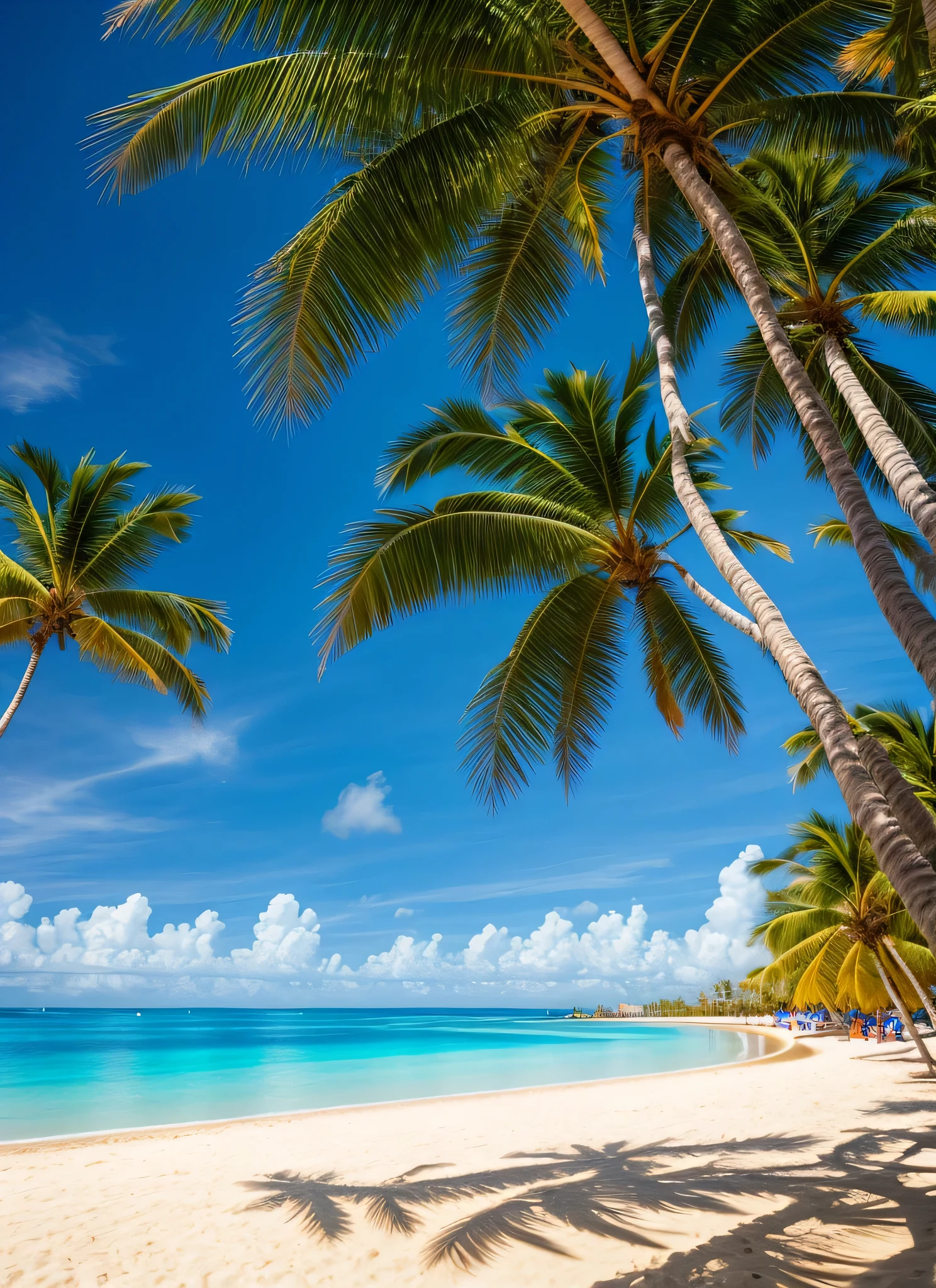 beautiful waves, sandy shore, palm trees, people sunbathing, relaxing atmosphere, tropical paradise, vibrant colors, tranquil scene