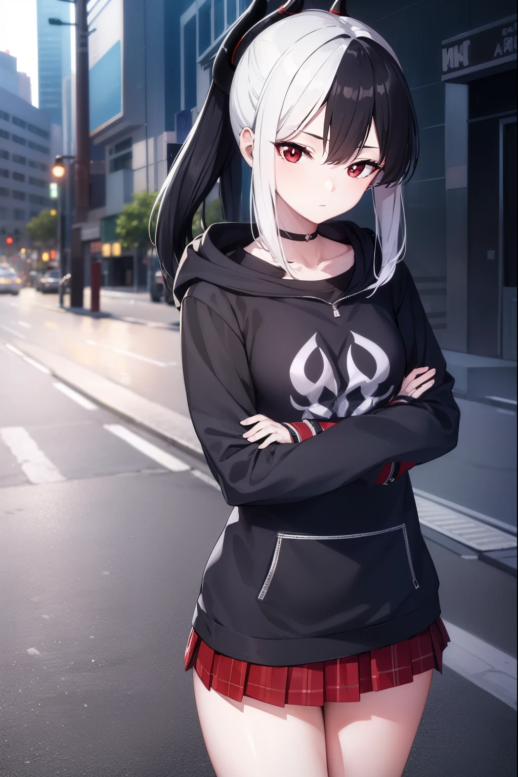 kayokoonikata, kayoko onikata, black hair, demon horns, hair between eyes, halo, horns, long hair, low wings, mole, mole on collarbone, multicolored hair, ponytail, (red eyes:1.5), single wing, two-tone hair, white hair, wings,
BREAK black hoodie, choker, hood, hoodie, pleated skirt, skirt, red skirt,
BREAK outdoors, city, sky, raining,
BREAK looking at viewer, (cowboy shot:1.5),
BREAK (masterpiece:1.2), best quality, high resolution, unity 8k wallpaper, (illustration:0.8), (beautiful detailed eyes:1.6), extremely detailed face, perfect lighting, extremely detailed CG, (perfect hands, perfect anatomy),