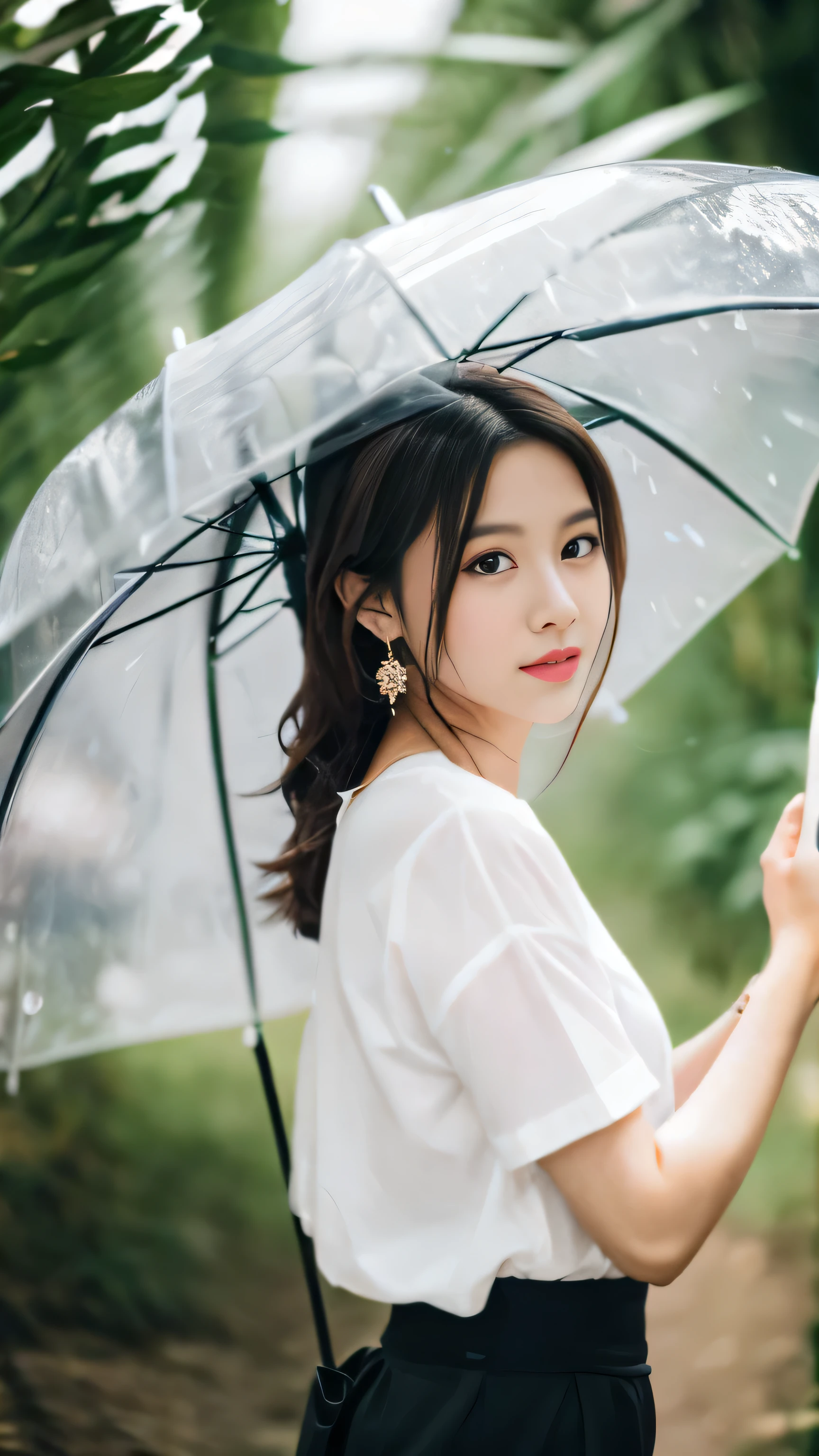 Masterpiece, extremely detailed CG unity 8k wallpaper, 1 girl, beautiful, realistic, blur, blurred background, blurred foreground, bamboo forest, depth of field, earrings, jewelry, nose, realistic, solo, hanfu, holding oli paper umbrella, rain