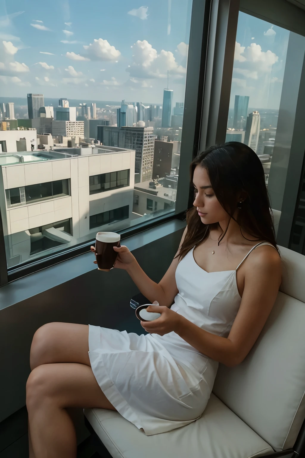 there is a woman sitting on a chair drinking a cup of coffee, looking out a window, chill time. good view, sitting on a skyscraper rooftop, looking out window, morning coffee, looking out the window, summer morning, girl sitting on a rooftop, sits on a rooftop, great view, drinking a coffee, relaxing after a hard day