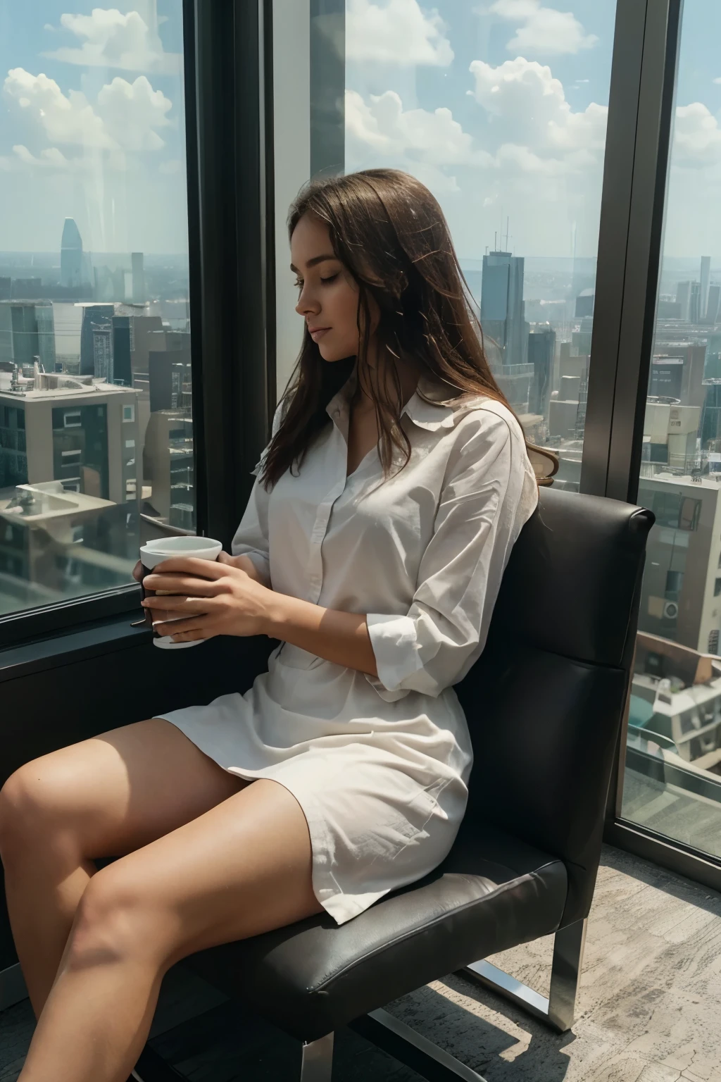 there is a woman sitting on a chair drinking a cup of coffee, looking out a window, chill time. good view, sitting on a skyscraper rooftop, looking out window, morning coffee, looking out the window, summer morning, girl sitting on a rooftop, sits on a rooftop, great view, drinking a coffee, relaxing after a hard day