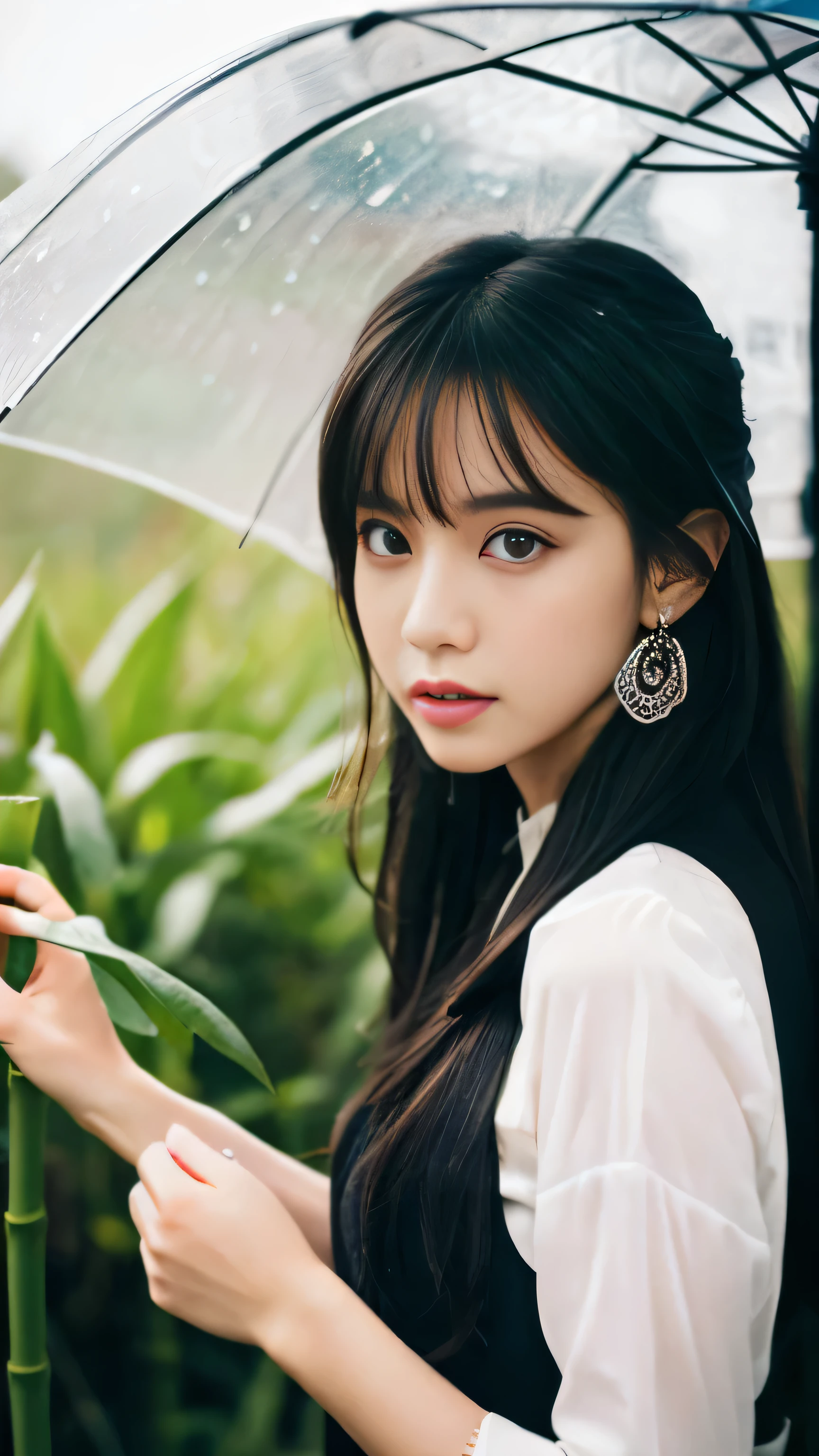 Masterpiece, extremely detailed CG unity 8k wallpaper, 1 girl, beautiful, realistic, blur, blurred background, blurred foreground, bamboo forest, depth of field, earrings, jewelry, nose, realistic, solo, hanfu, holding oli paper umbrella, rain