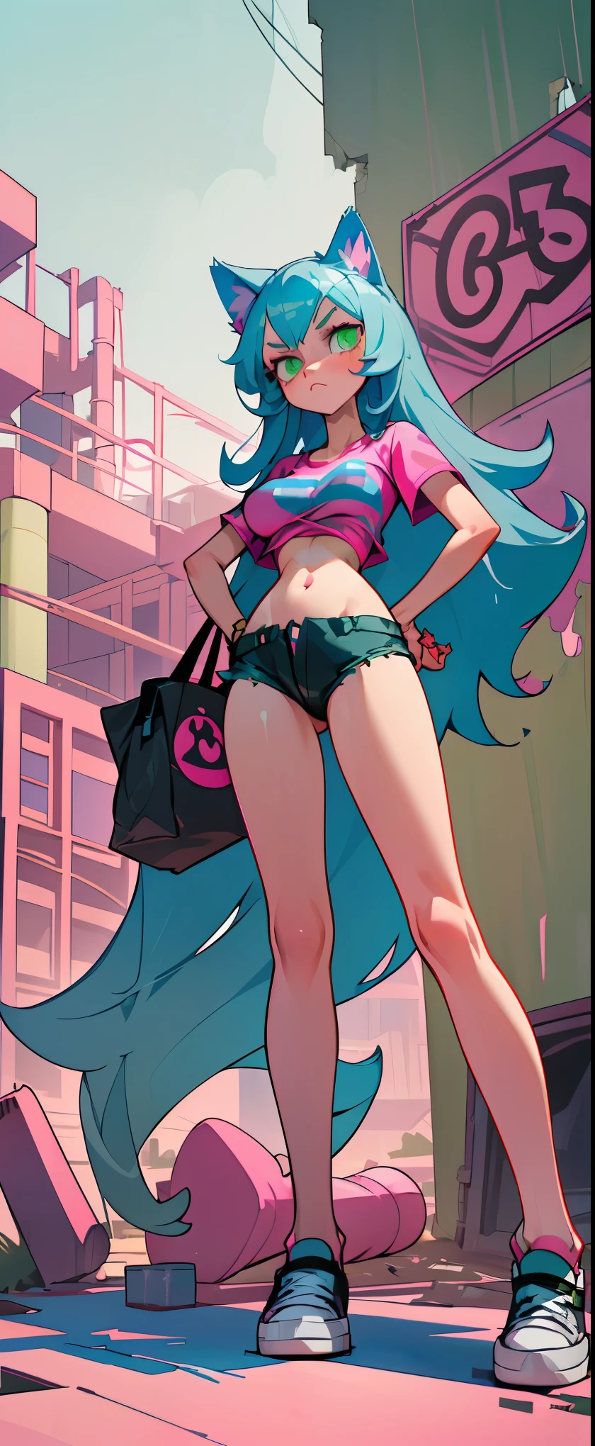 1 woman, Long blue hair with pink stripes, smooth, green eyes, Bored face , cat ears , Pink T-shirt , black bikini , abdomen, big breasts , Long legs , Open your legs. , stand on your hips... , Real bag , canvas shoes , abandoned factory,