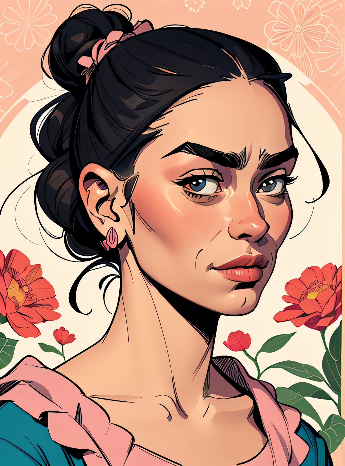 (estilo de desenho animado:1.2), Imagem de desenho animado de Frida Kahlo, cartoon style illustration, estilo de arte dos desenhos animados, estilo de arte dos desenhos animados, digital illustration style, design de personagens altamente detalhado, arte digital detalhada fofa, City Girl Fan Art, design de personagem retrato, beautiful digital illustration, retrato de alta qualidade, arte em quadrinhos, retrato do design do personagem, fundo floral