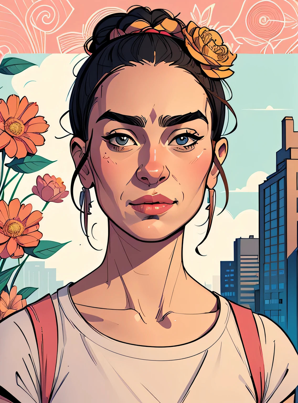 (estilo de desenho animado:1.2), Imagem de desenho animado de Frida Kahlo, cartoon style illustration, estilo de arte dos desenhos animados, estilo de arte dos desenhos animados, digital illustration style, design de personagens altamente detalhado, arte digital detalhada fofa, City Girl Fan Art, design de personagem retrato, beautiful digital illustration, retrato de alta qualidade, arte em quadrinhos, retrato do design do personagem, fundo floral