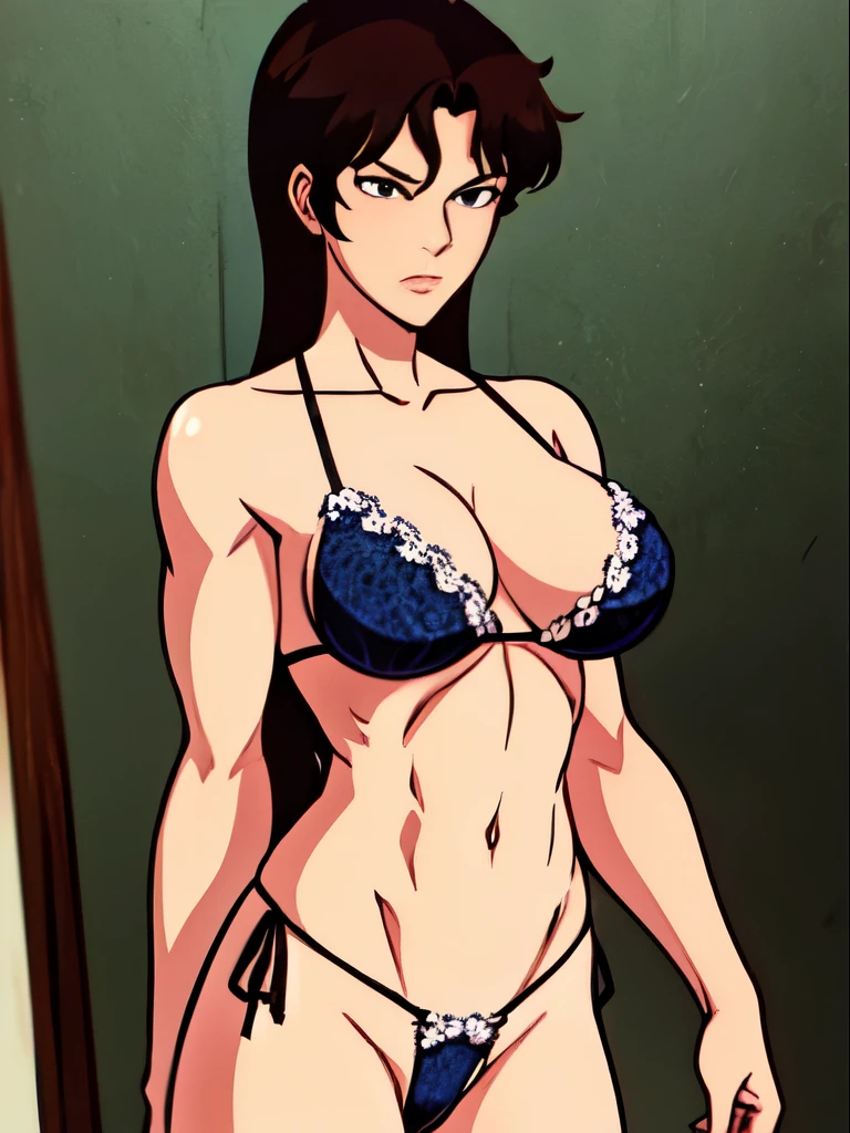 A sexy girl with a muscular body, wearing white lace thong, standing tall and dominant , self confident, ,aggressive, strong, serious, fighting, bulging muscles, big breasts
