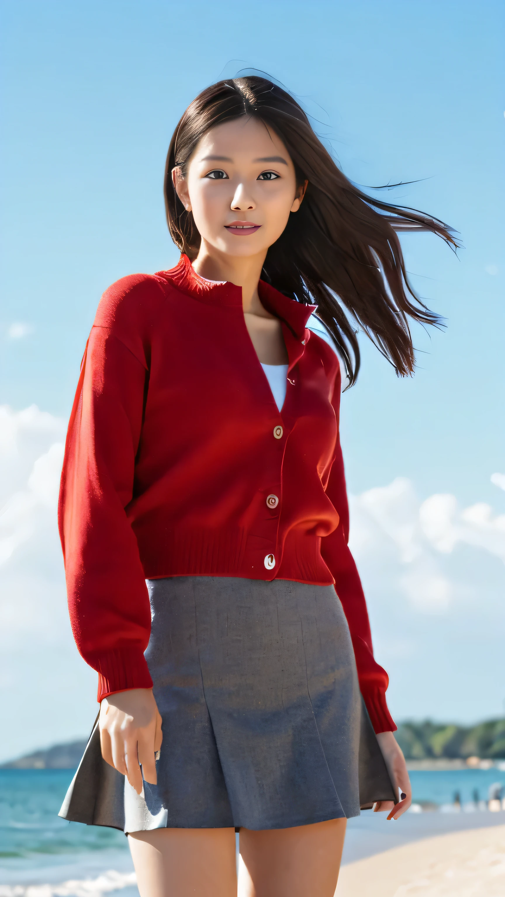 ((masterpiece))、((((Highest image quality))、((High resolution))、((High-definition CG Unity 8k Wallpapers))、solo、facial details、Red cardigan、Black tight skirt、white shirt、outdoor、facial details、beach、栗毛全身のHigh resolution画像でカメラを見つめながら微笑んでいます 最高の作品