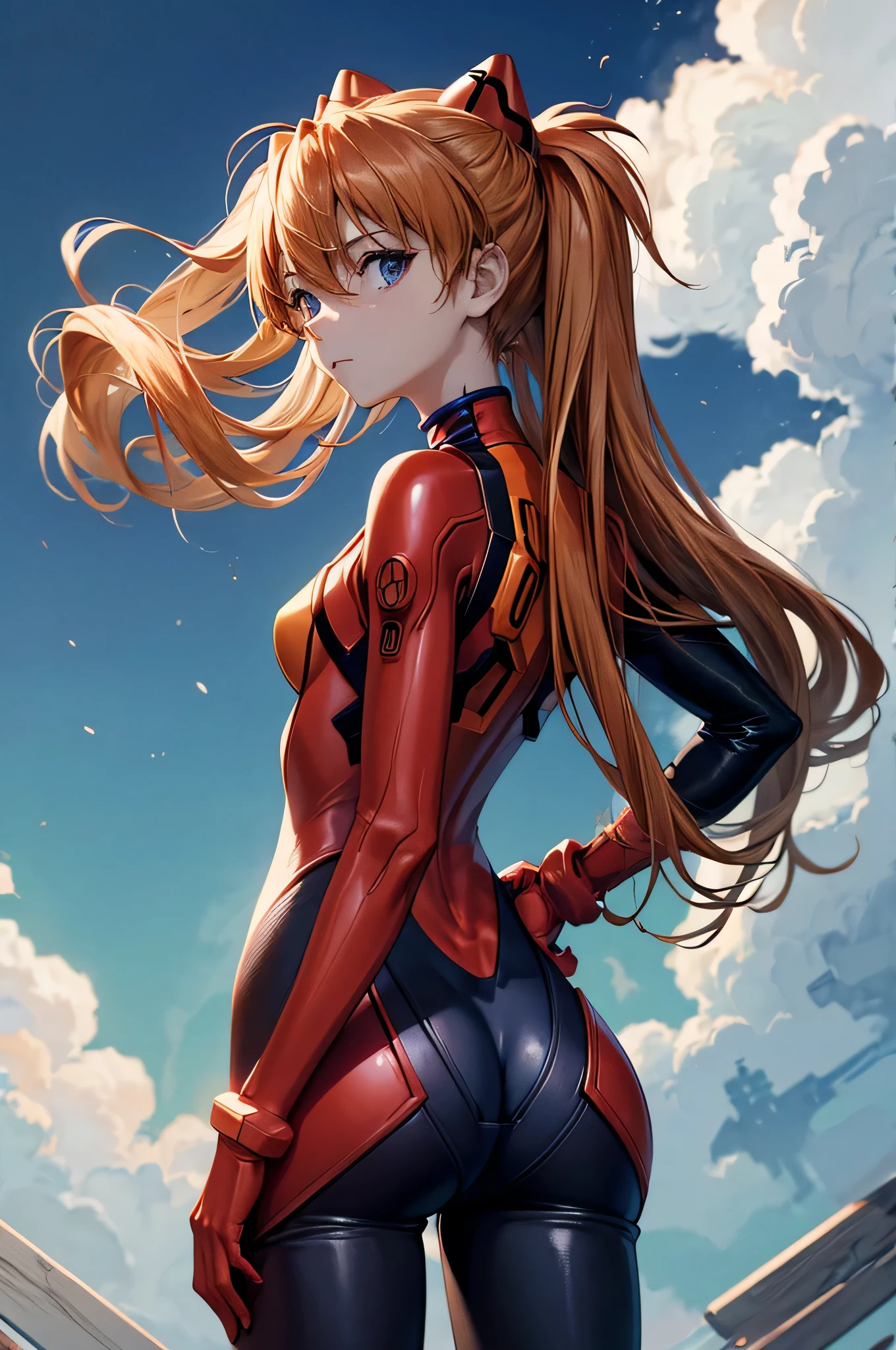 (masterpiece), best quality, expressive eyes, perfect face, 1girl, solo, souryuu asuka langley, interface headset, red bodysuit, standing, laboratory background, portrait, looking at the viewer, from back