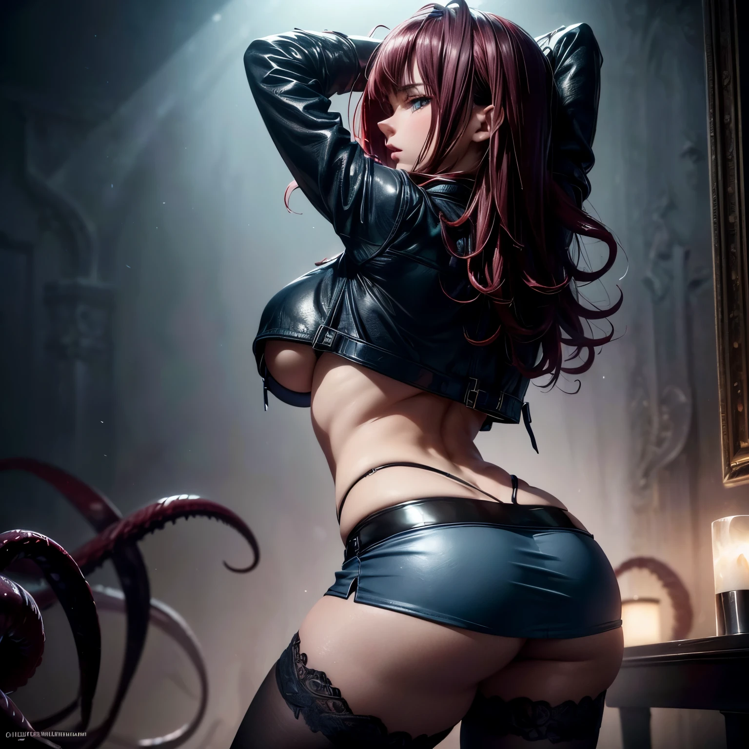 (best quality,4k,8k,highres,masterpiece:1.2),ultra-detailed,(realistic,photorealistic,photo-realistic:1.37),striptease, sitting, noir, dark and intimate,private dance,violet neon lights, (noir, dark:1.5),(back view:1.4),low angle,feel of a private room, strip dance poses,large tentacles (tentacles are everywhere). (dark lighting) (best quality,4k,8k,highres,masterpiece:1.2), ultra-detailed, (realistic,photorealistic,photo-realistic:1.37) erotic atmosphere,seductive expressions,sensuality,temptation,twisted fantasy,captivating performance,mysterious aura,alluring charm,enticing movements,dynamic composition,vivid colors,soft and sultry lighting,exquisite choreography,stunning visual effects,provocative dance,tempting curves,subtle and captivating emotions,a mesmerizing blend of power and vulnerability,twisted seduction,sensory overload,mysterious allure,seduction in the darkness.large tentacles (tentacles are everywhere). (dark lighting) dark and moody lighting, seductive ambiance, soft and sensual color tones, silky-textured fabric, detailed cloth draping, intricate bedspread, elegant and inviting decor, (candlelight), captivating facial expression, tousled hair, pose highlighting sensuality, mesmerizing eyes, luscious lips, shadowplay emphasizing beauty, artistic composition. (best quality,highres,masterpiece:1.2), ultra-detailed,(realistic:1.37) Embarrassed, open mouth, tentacle, ( hight resolution) (tentacle_ life:1.3) soft lighting,(( blue leather jacket, a croptop, underboob , a miniskirt, dark blue underwear, stockings,lace) (small breast) perfect fingers