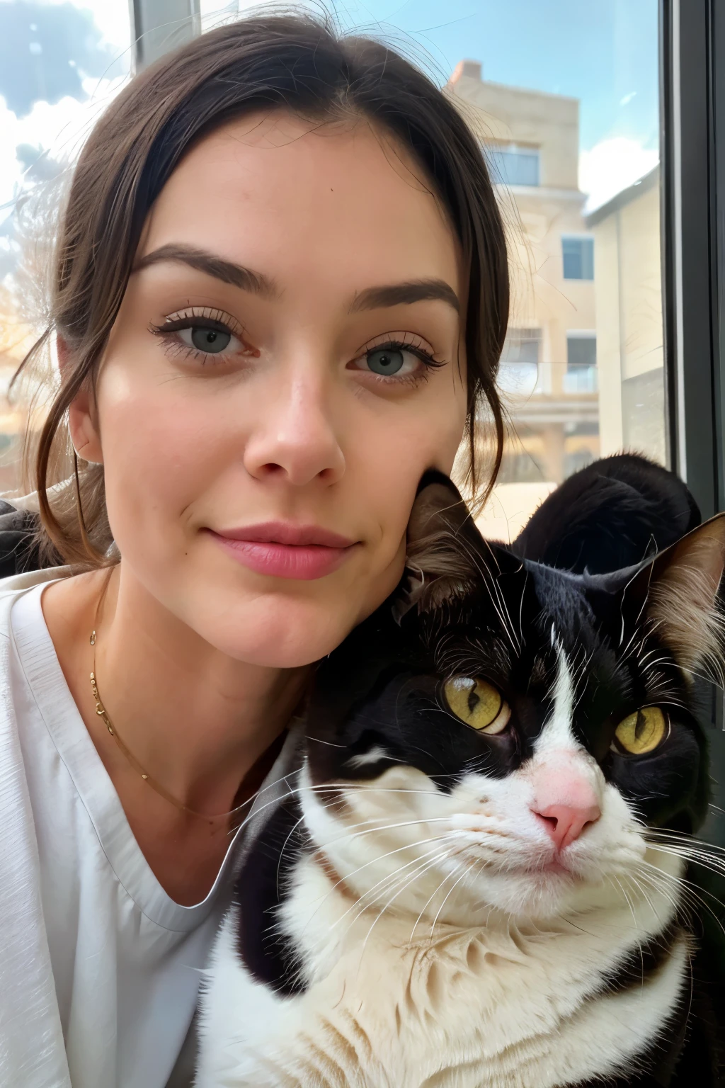 Professional photo of two adorable round-eyed cats taking selfies with selfie sticks, bottom up view, captured in high detail, foreground focus, close-up shot, sunlit scene outside the window, ISO 2000, shutter speed 1/500 sec, aperture f/2.8, masterpiece, best quality, intricate details, sharply focused, realistic fur texture, expressive round eyes, charming selfie expressions, ultra-realistic, photorealistic, photography, 8K UHD, photographie.