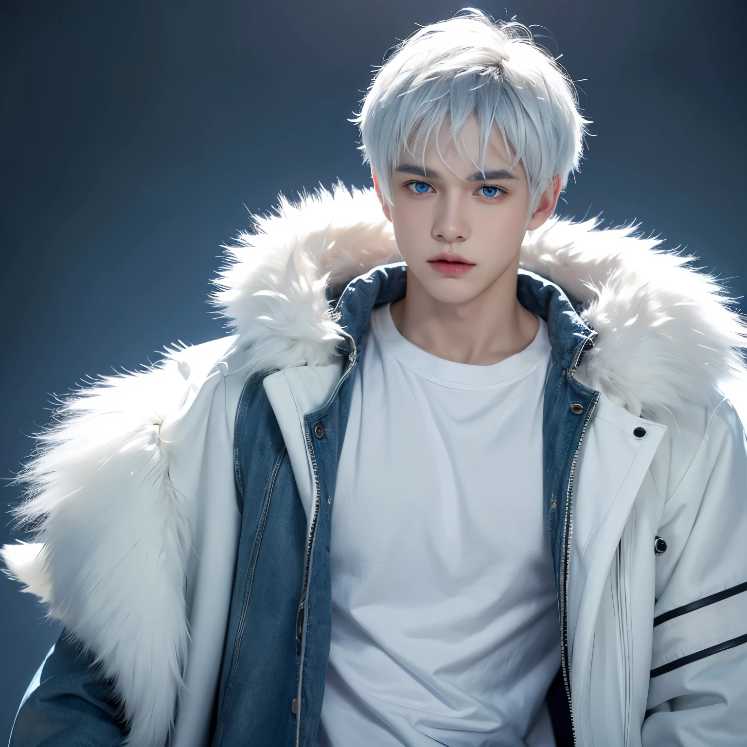 Fury，boy, Wolf, White and blue fur, young people, blue eyes, messy hair, white hair, short hair, masterpiece, Very detailed, Casual Clothing